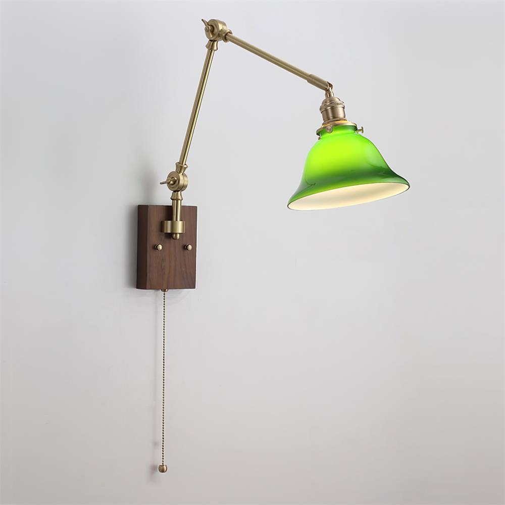 Wall Lamp Brass and Glass Shade Walnut Wood Base Adjustable Arm Vintage | Fioriscas