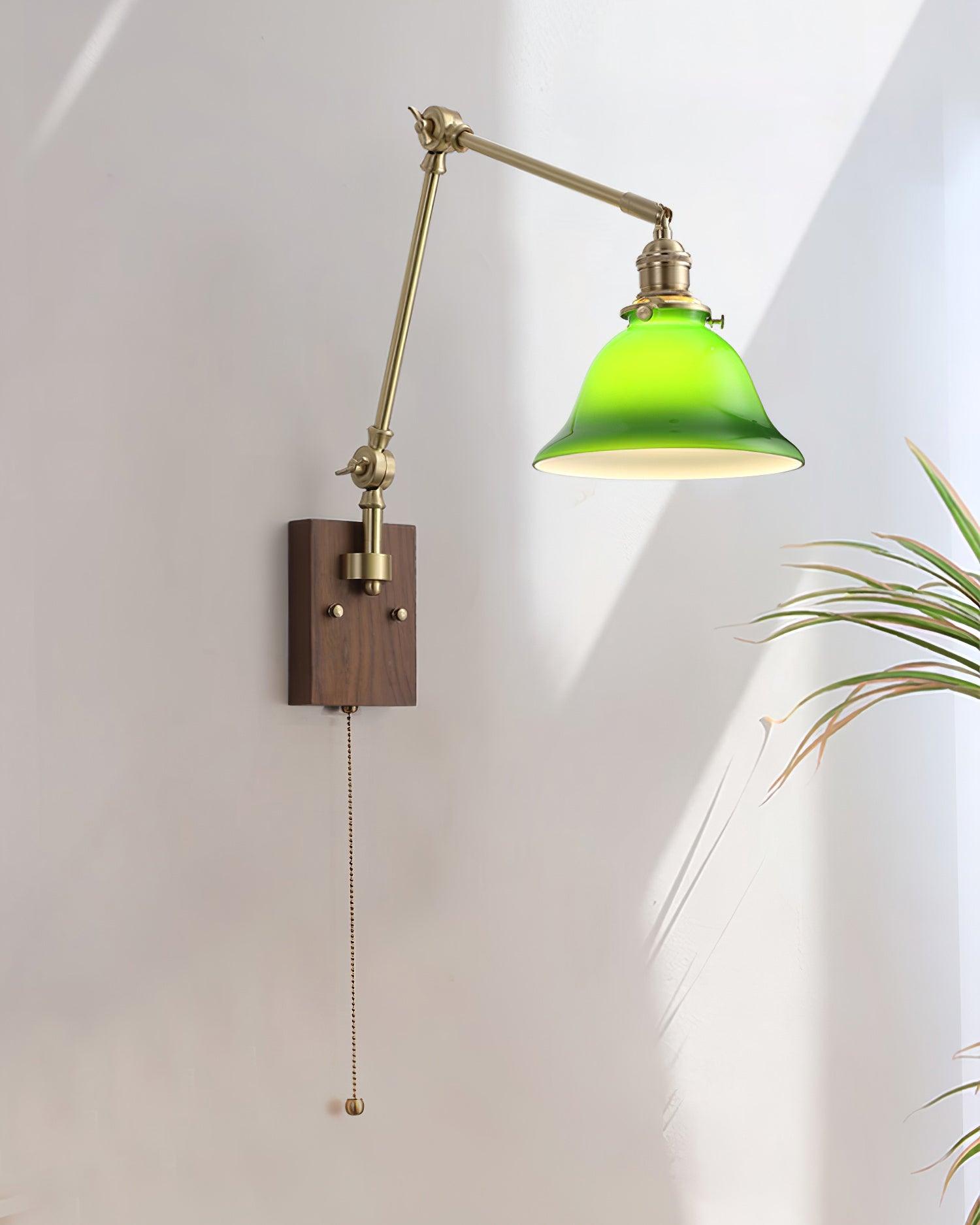 Wall Lamp Brass and Glass Shade Walnut Wood Base Adjustable Arm Vintage | Fioriscas