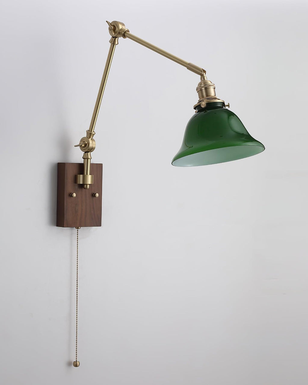 Wall Lamp Brass and Glass Shade Walnut Wood Base Adjustable Arm Vintage | Fioriscas