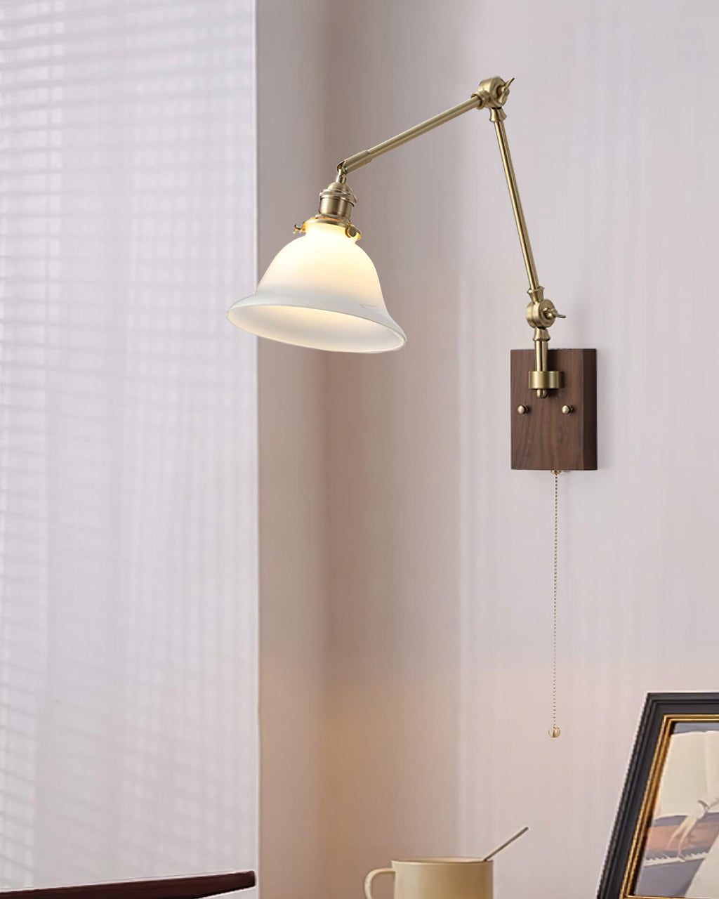 Wall Lamp Brass and Glass Shade Walnut Wood Base Adjustable Arm Vintage | Fioriscas
