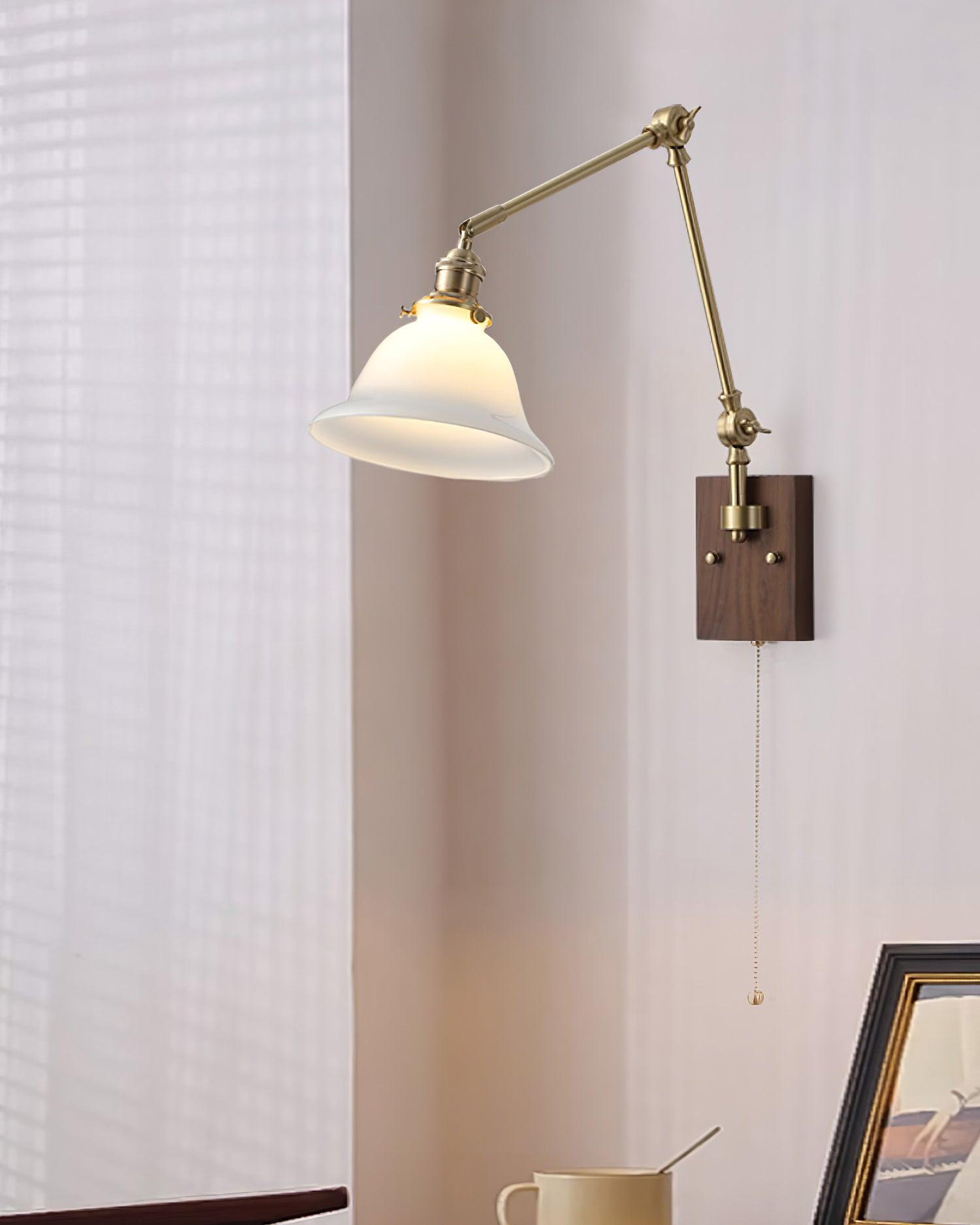 Wall Lamp Brass and Glass Shade Walnut Wood Base Adjustable Arm Vintage | Fioriscas