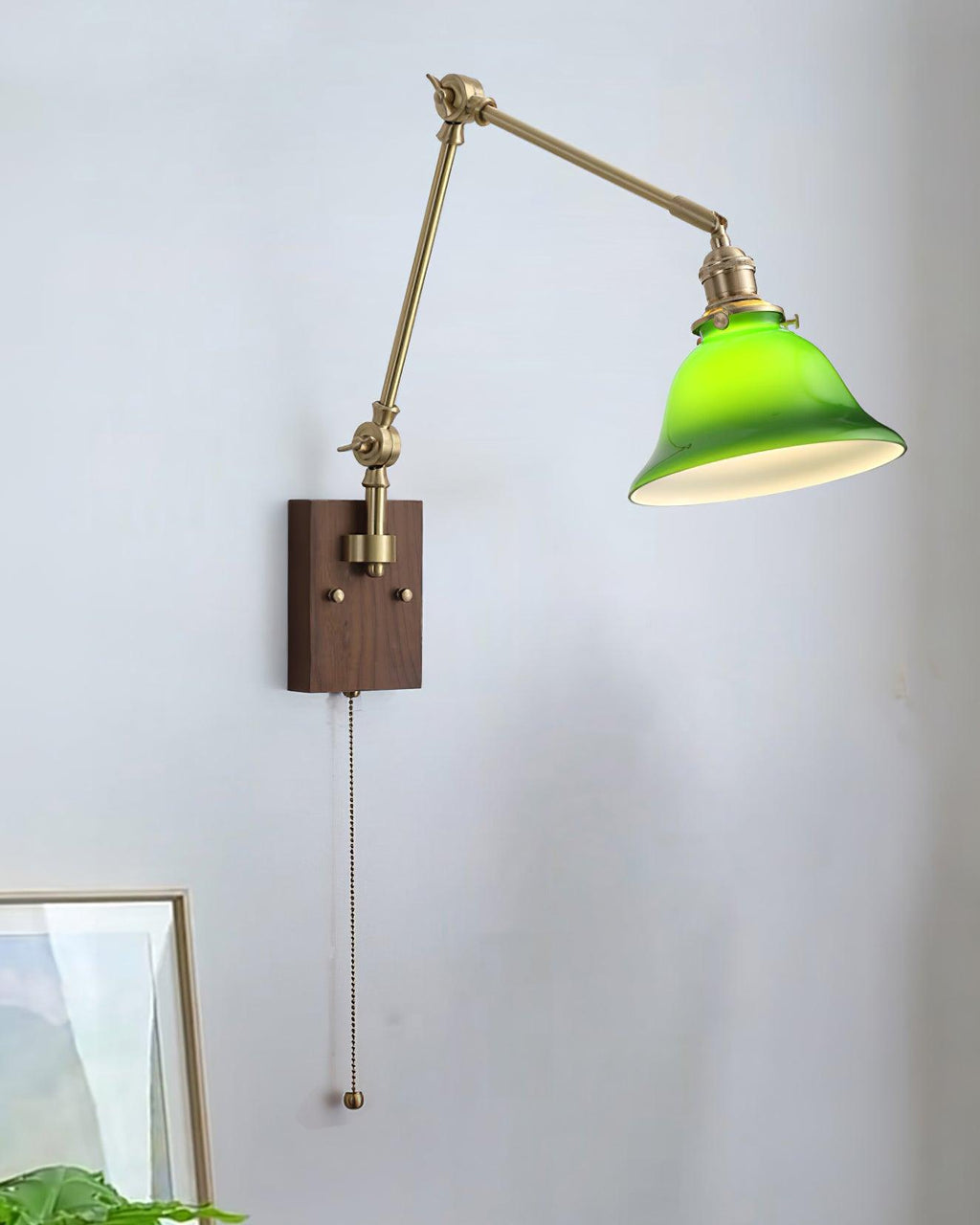 Wall Lamp Brass and Glass Shade Walnut Wood Base Adjustable Arm Vintage | Fioriscas