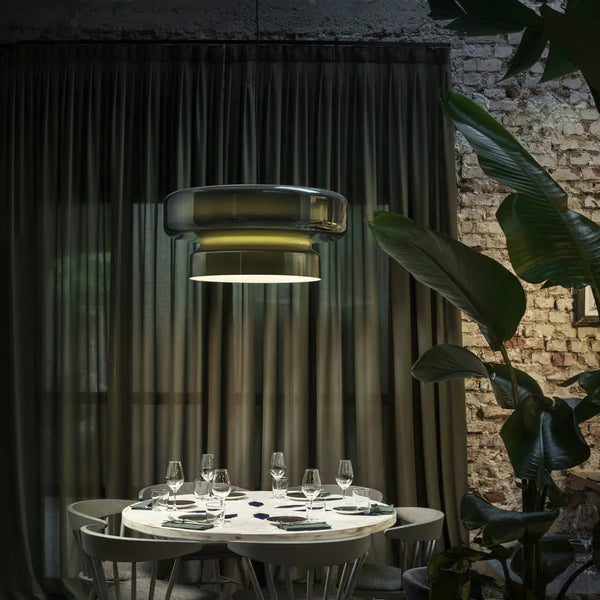 Lampa wisząca NovaLume z ręcznie dmuchanego szkła z organicznym kloszem o dwóch bryłach