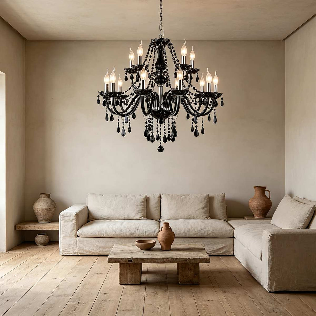 Midnight Cascade Crystal Chandelier With Black Crystal Drops And Metal Arms