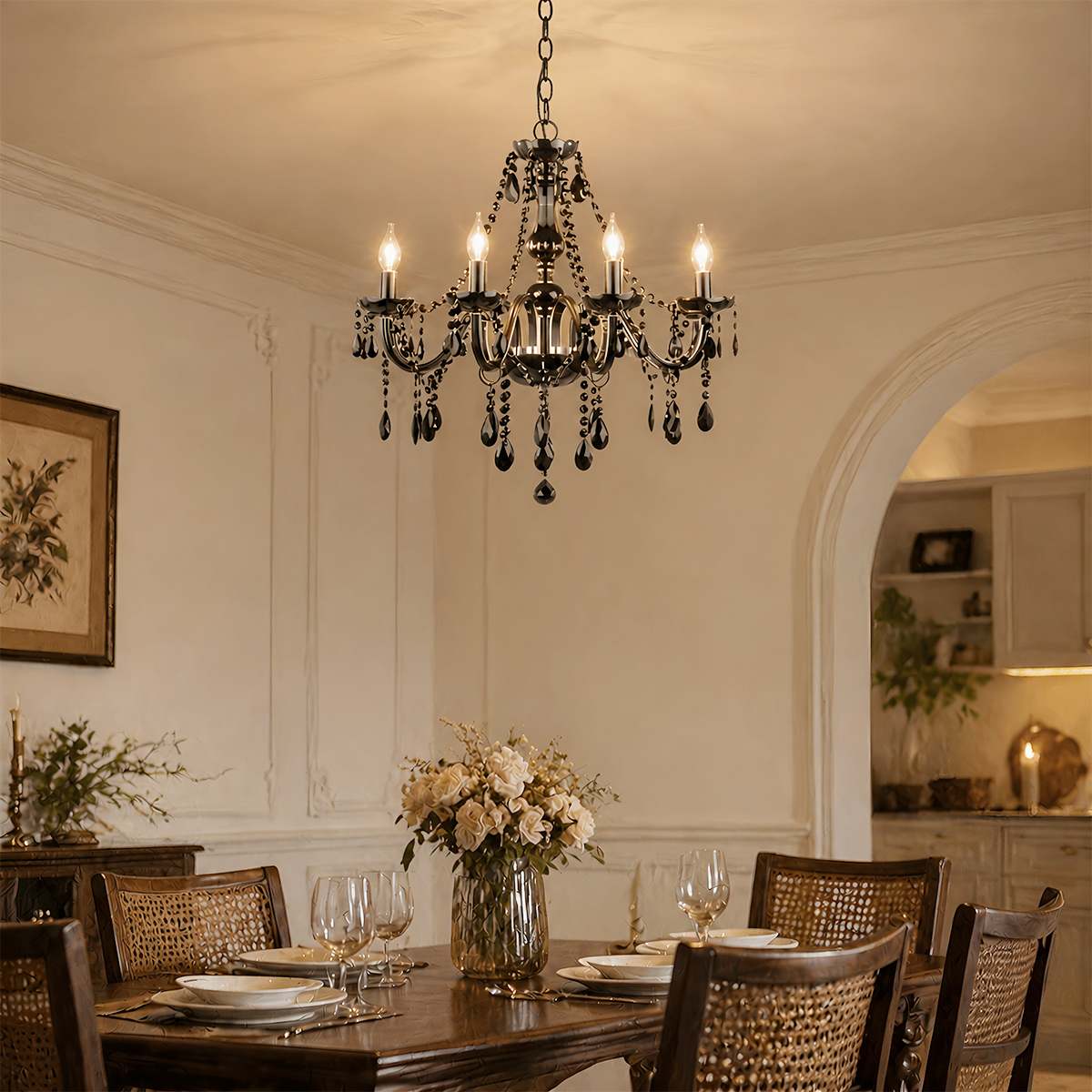 Midnight Cascade Crystal Chandelier With Black Crystal Drops And Metal Arms