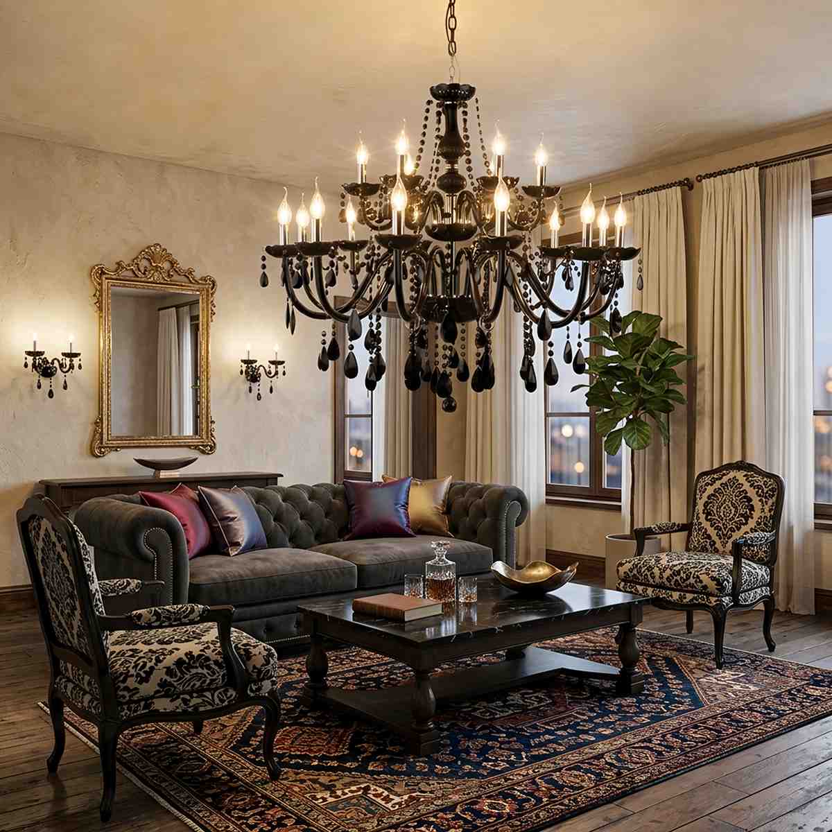 Midnight Cascade Crystal Chandelier With Black Crystal Drops And Metal Arms