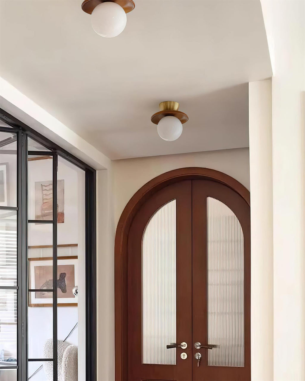 Ceiling Light Globe Opal Glass Modern Brass Walnut Accent Flush Mount | Fioriscas