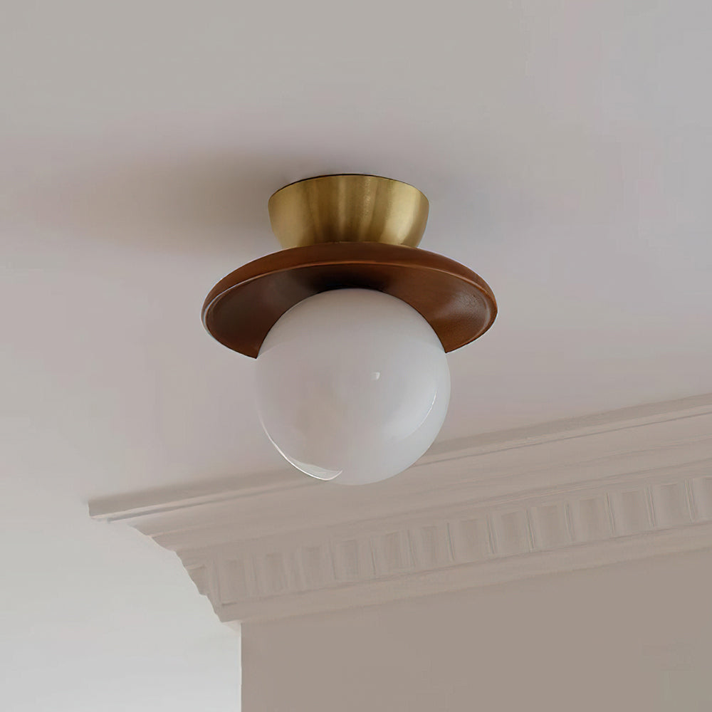 Ceiling Light Globe Opal Glass Modern Brass Walnut Accent Flush Mount | Fioriscas