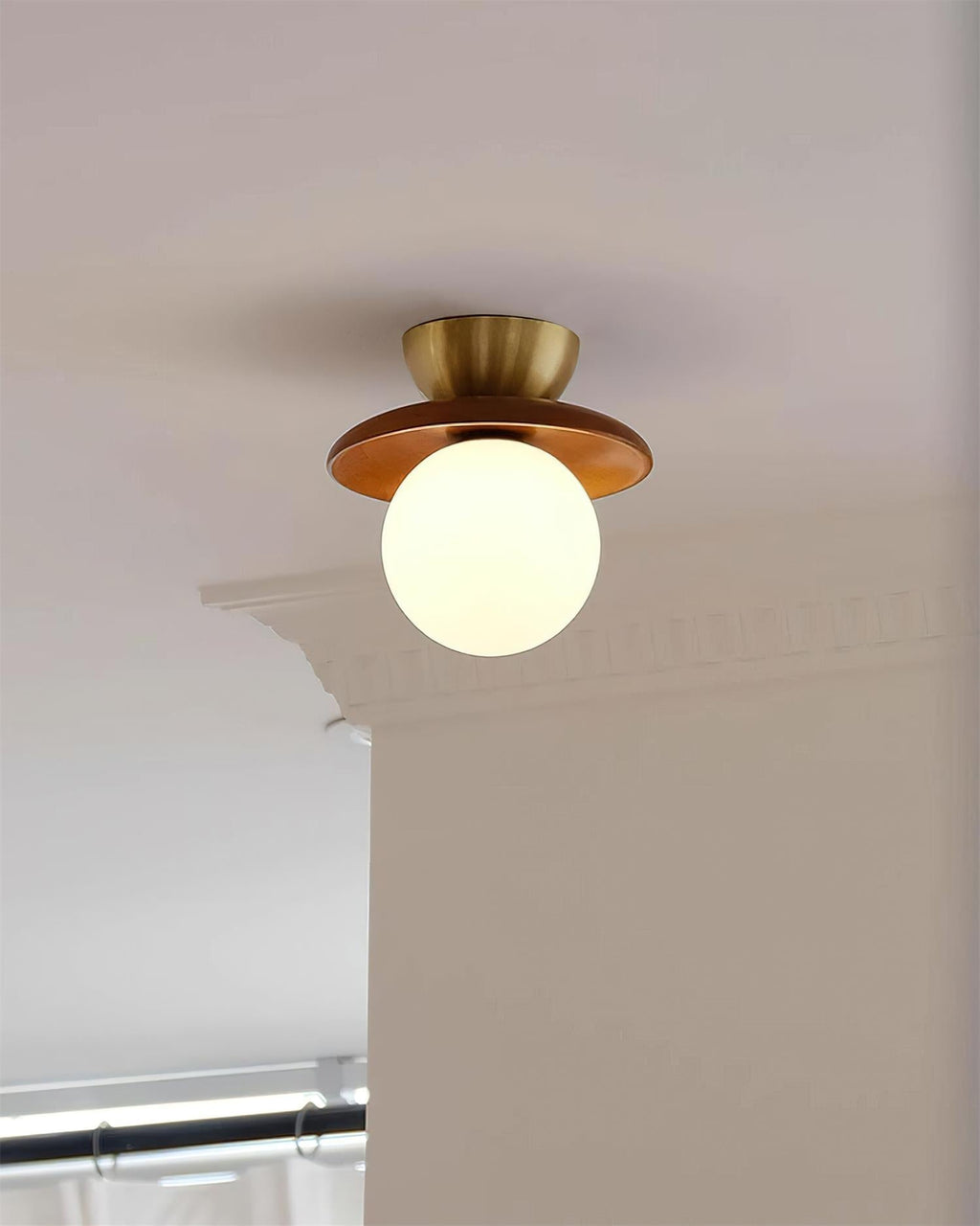 Ceiling Light Globe Opal Glass Modern Brass Walnut Accent Flush Mount | Fioriscas