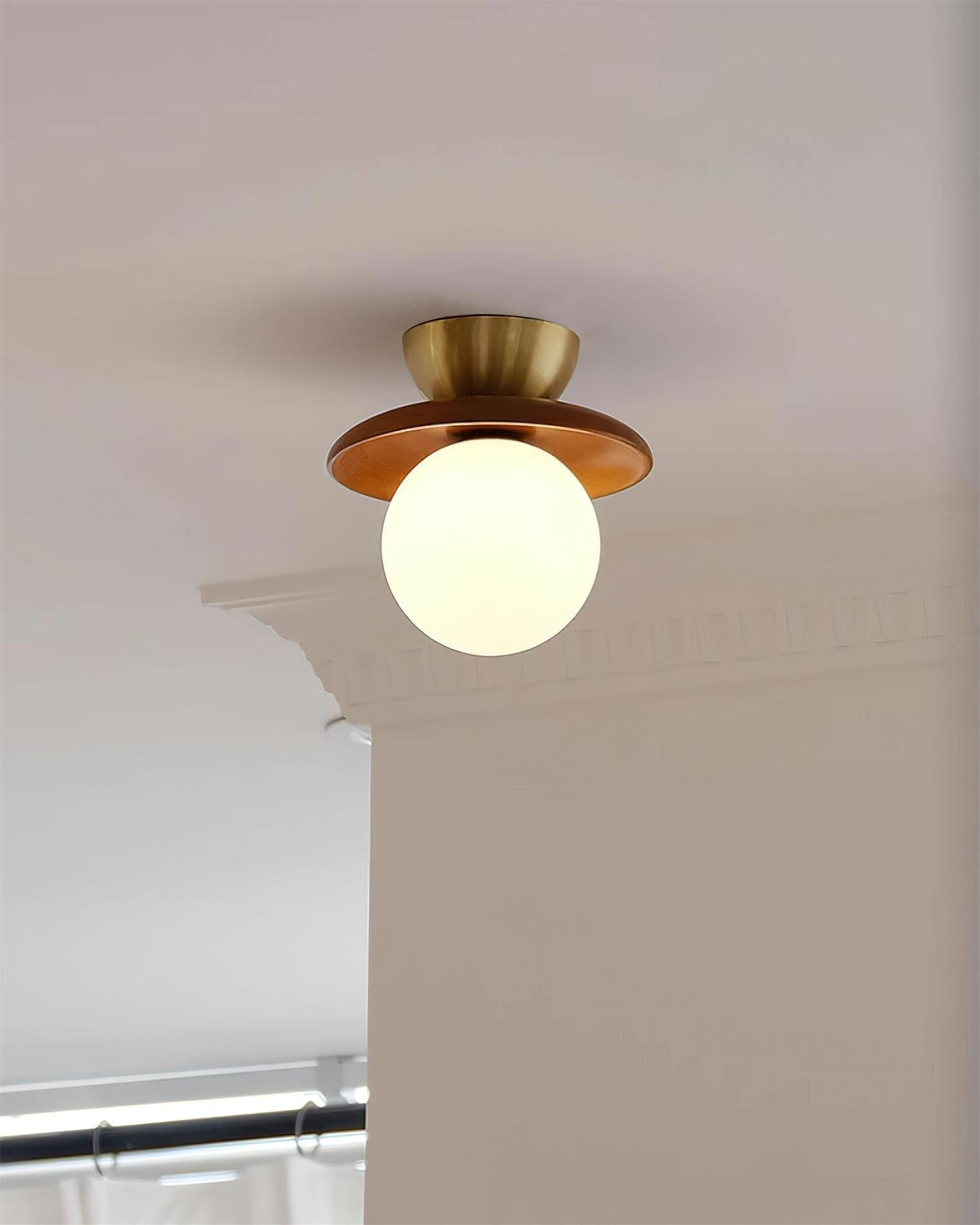 Ceiling Light Globe Opal Glass Modern Brass Walnut Accent Flush Mount | Fioriscas