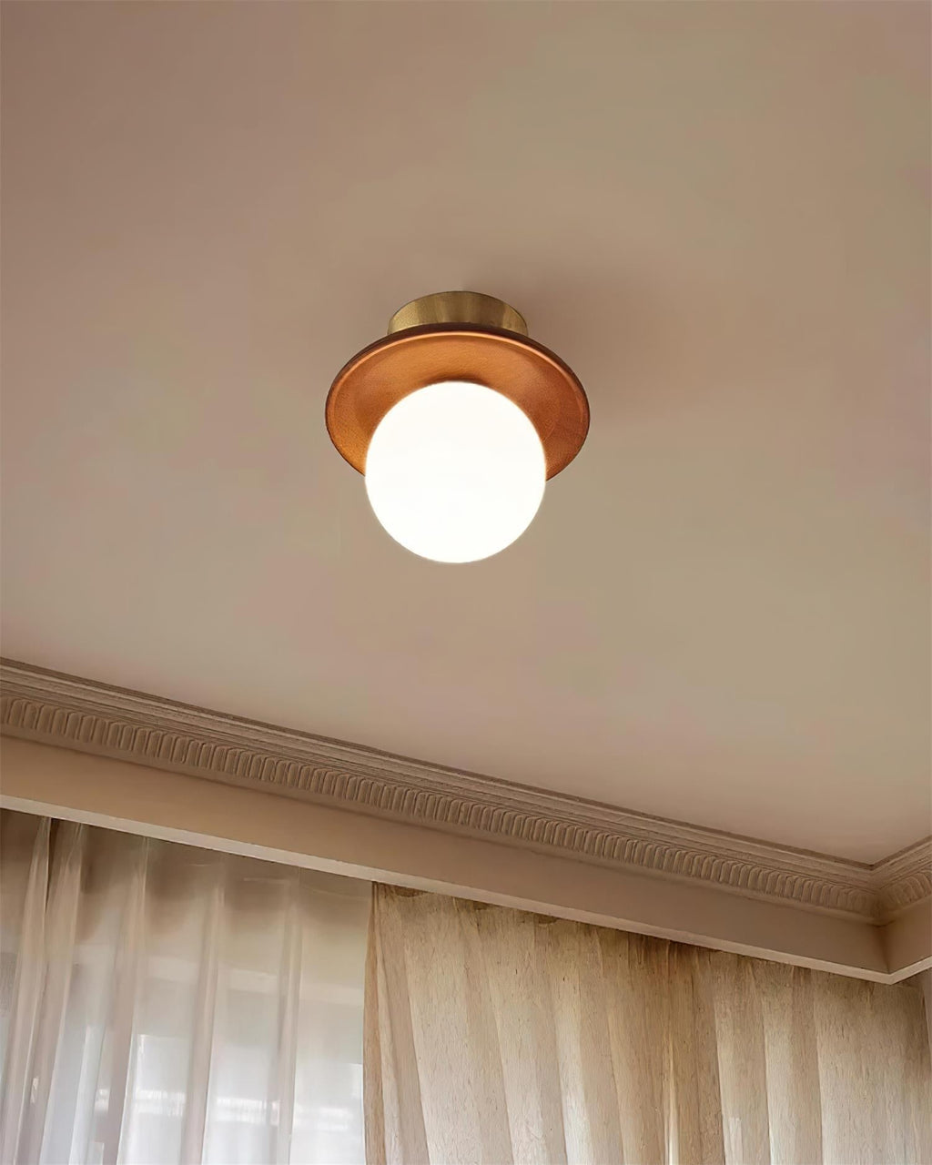Ceiling Light Globe Opal Glass Modern Brass Walnut Accent Flush Mount | Fioriscas