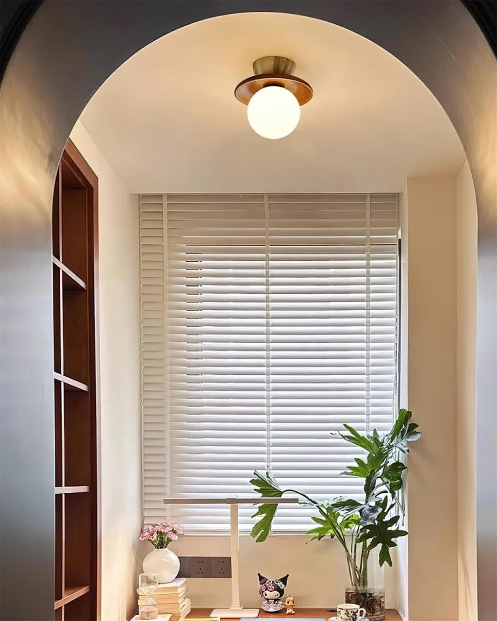 Ceiling Light Globe Opal Glass Modern Brass Walnut Accent Flush Mount | Fioriscas