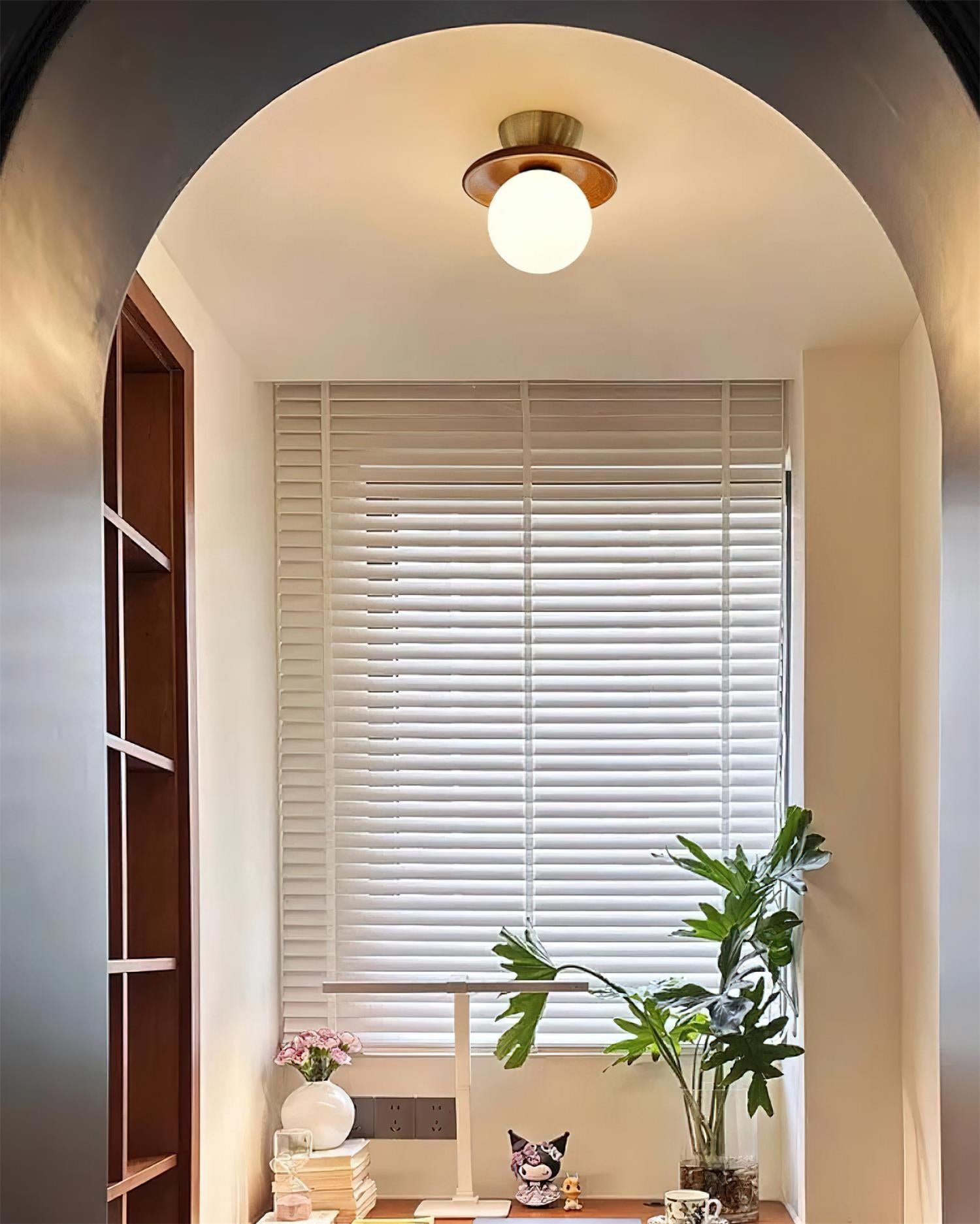 Ceiling Light Globe Opal Glass Modern Brass Walnut Accent Flush Mount | Fioriscas