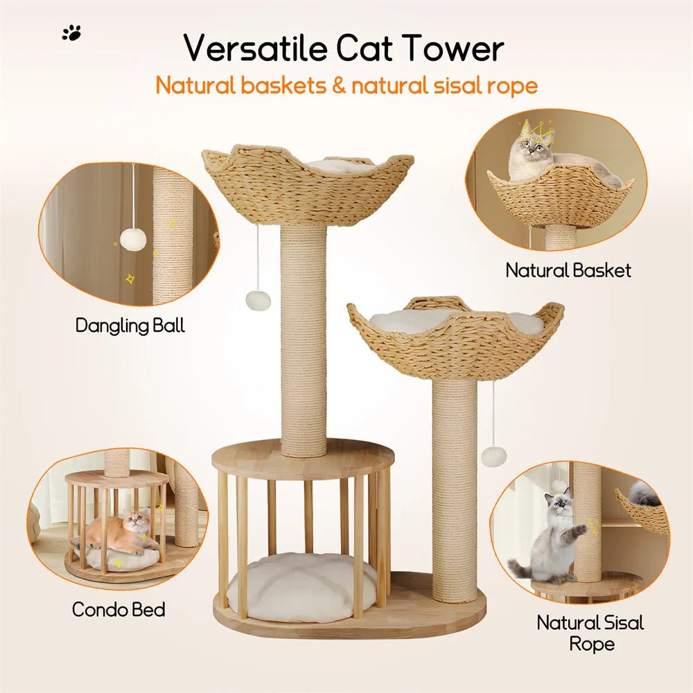 Trevånings plysch klösträd för katter med stadiga sisal-klösstolpar - Fioriscas