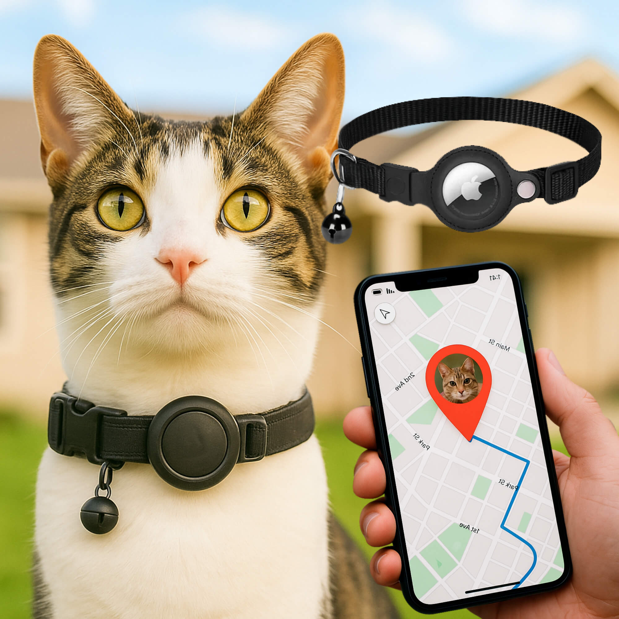 Macskanyakörv GPS-nyomkövető-tartóval, fényvisszaverő és biztonsági kioldóval