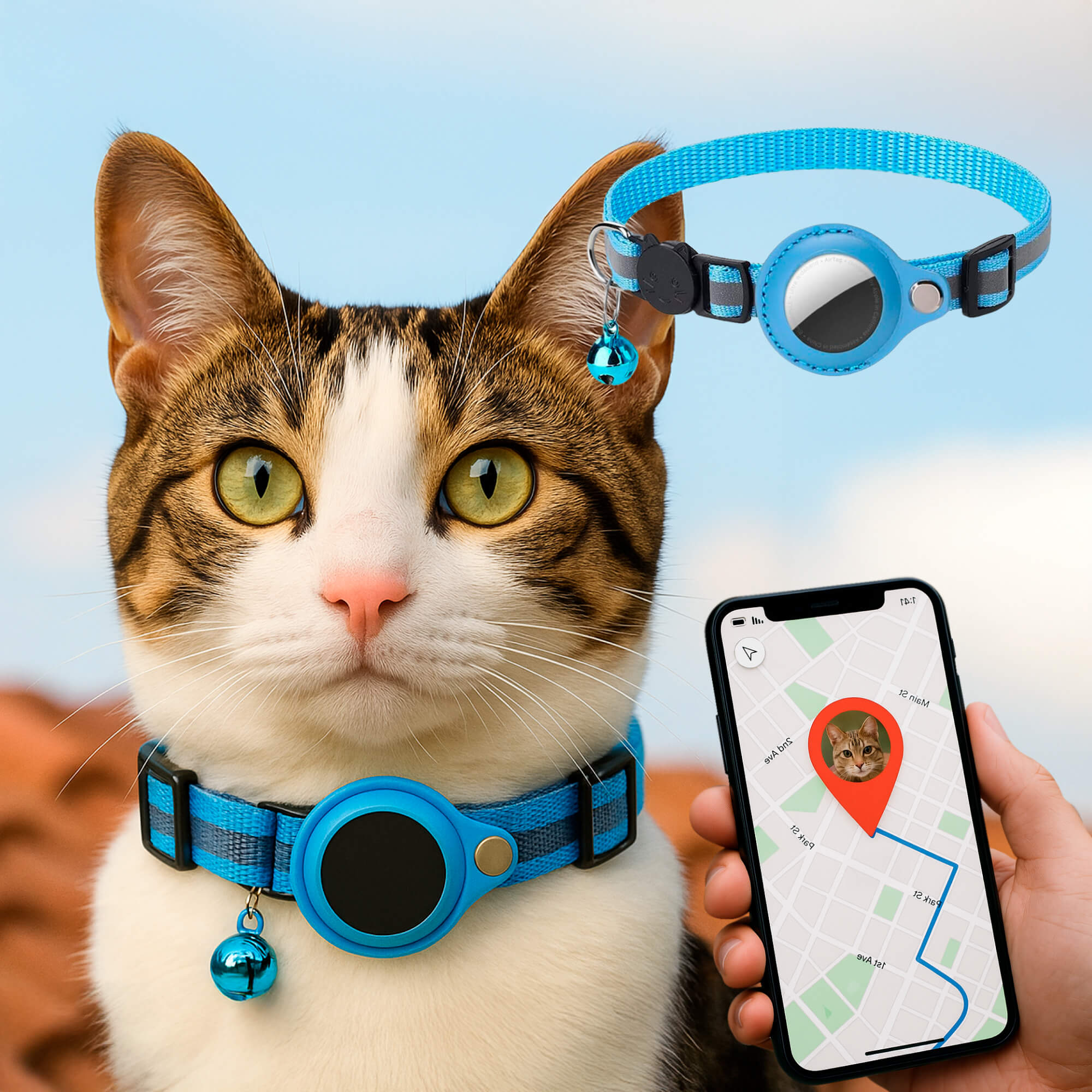 Macskanyakörv GPS-nyomkövető-tartóval, fényvisszaverő és biztonsági kioldóval