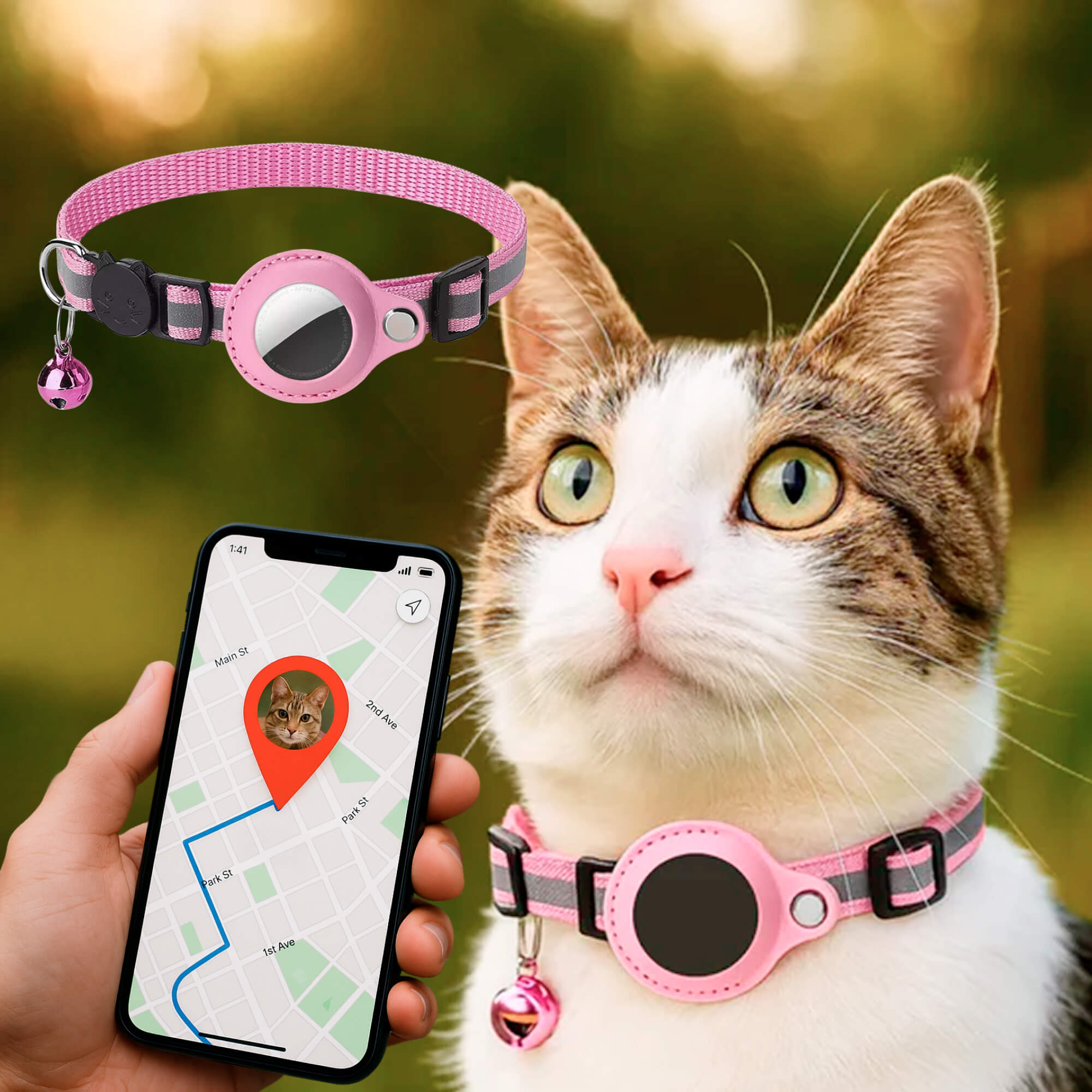 Macskanyakörv GPS-nyomkövető-tartóval, fényvisszaverő és biztonsági kioldóval
