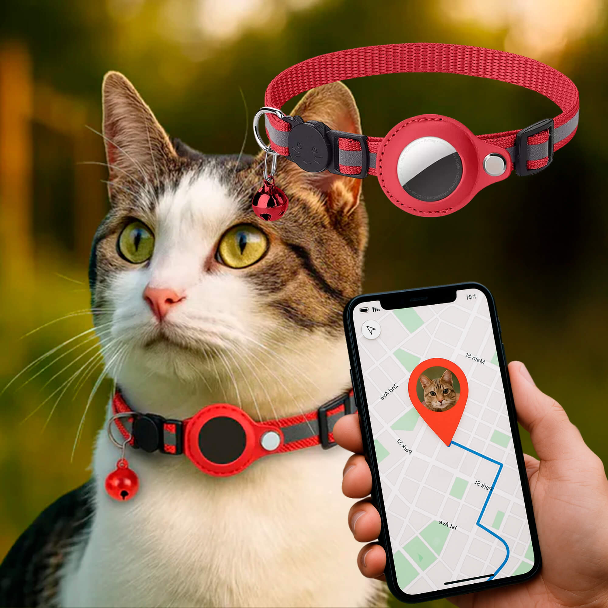 Macskanyakörv GPS-nyomkövető-tartóval, fényvisszaverő és biztonsági kioldóval