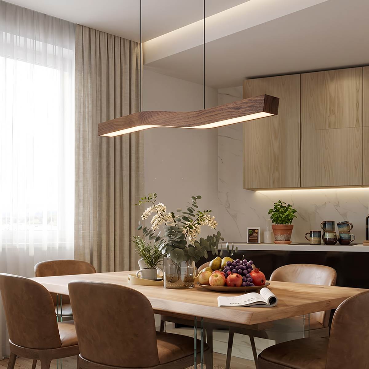 TimberTwist Pendant Light With Wood Grain Iron Finish And Soft LED Glow