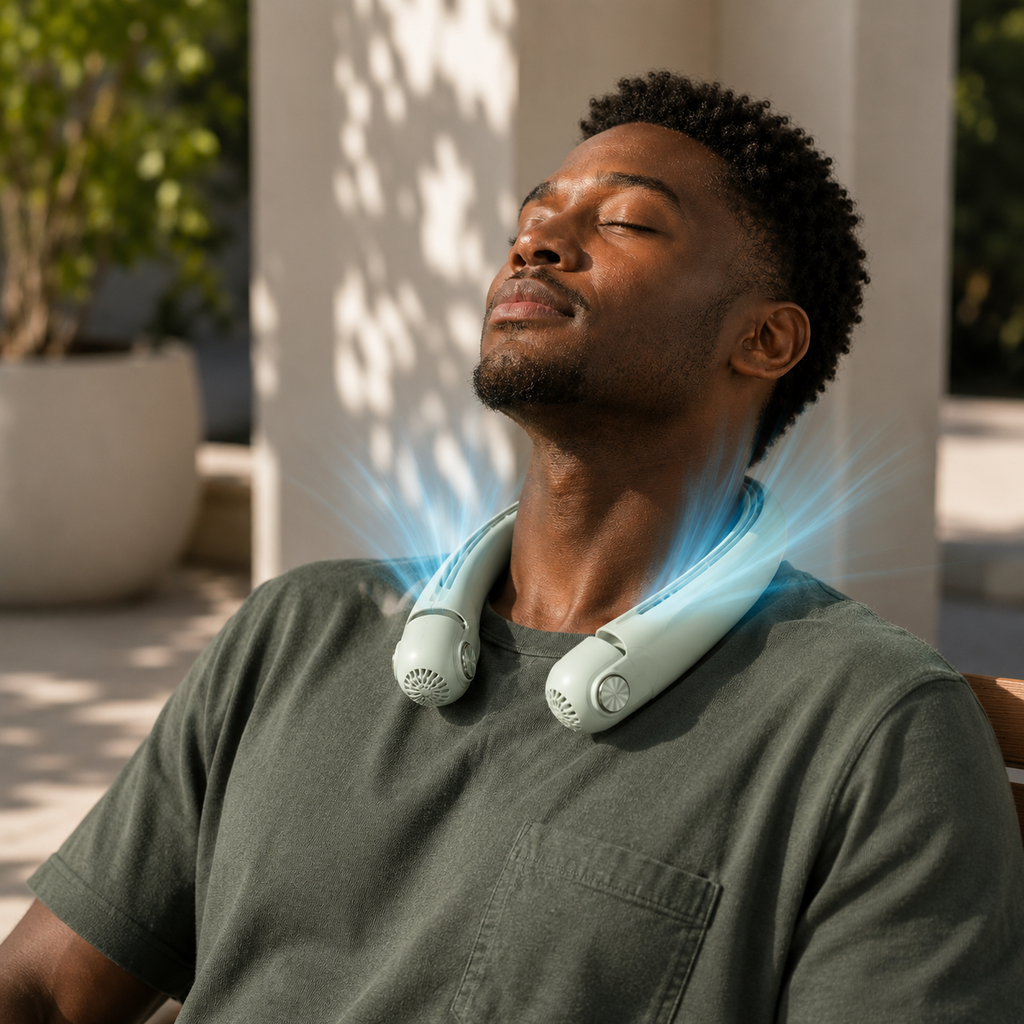 Ventilator de gât DualFlow USB-C cu flux dublu de aer, reîncărcabil, pentru călătorii și utilizare în aer liber
