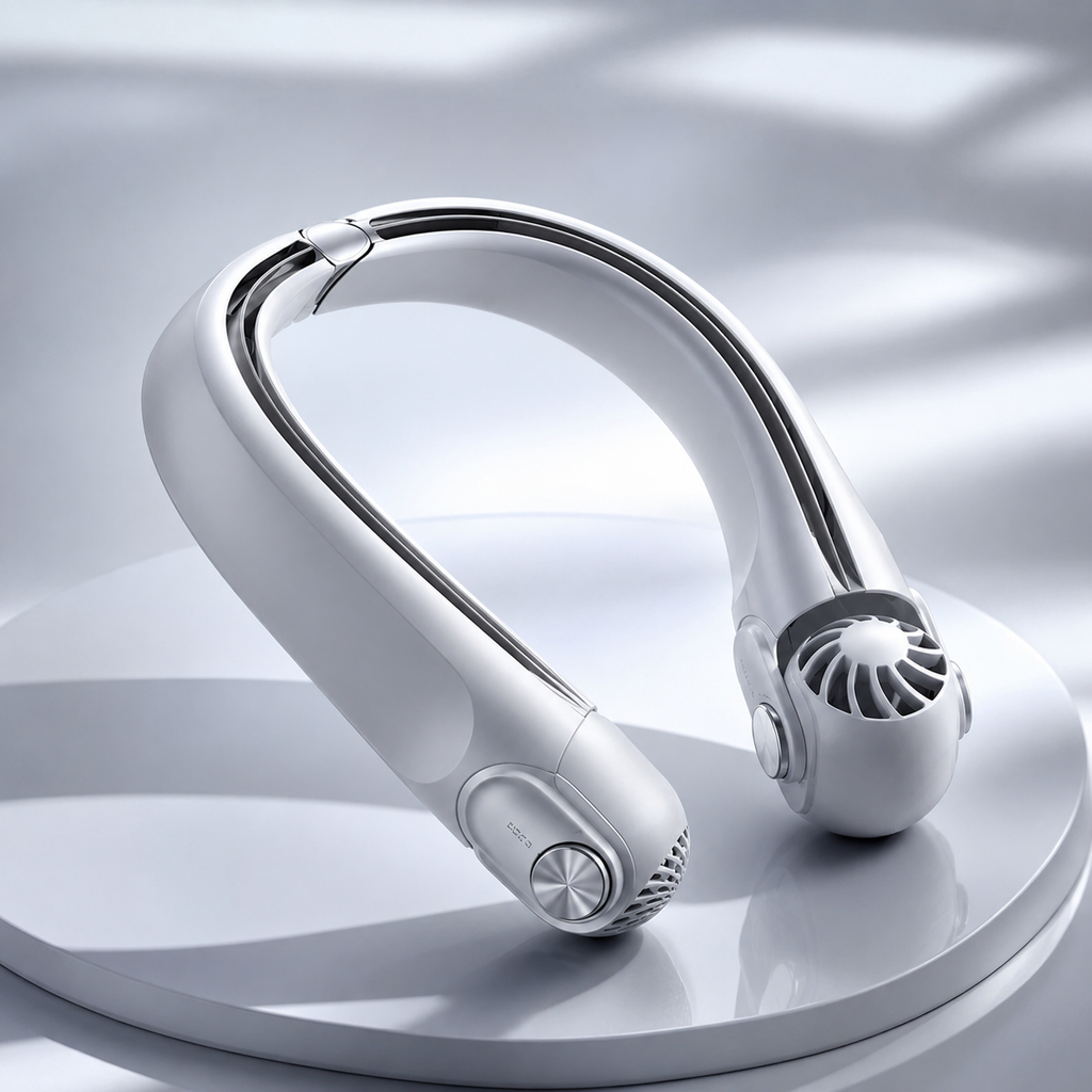 Ventilator de gât DualFlow USB-C cu flux dublu de aer, reîncărcabil, pentru călătorii și utilizare în aer liber