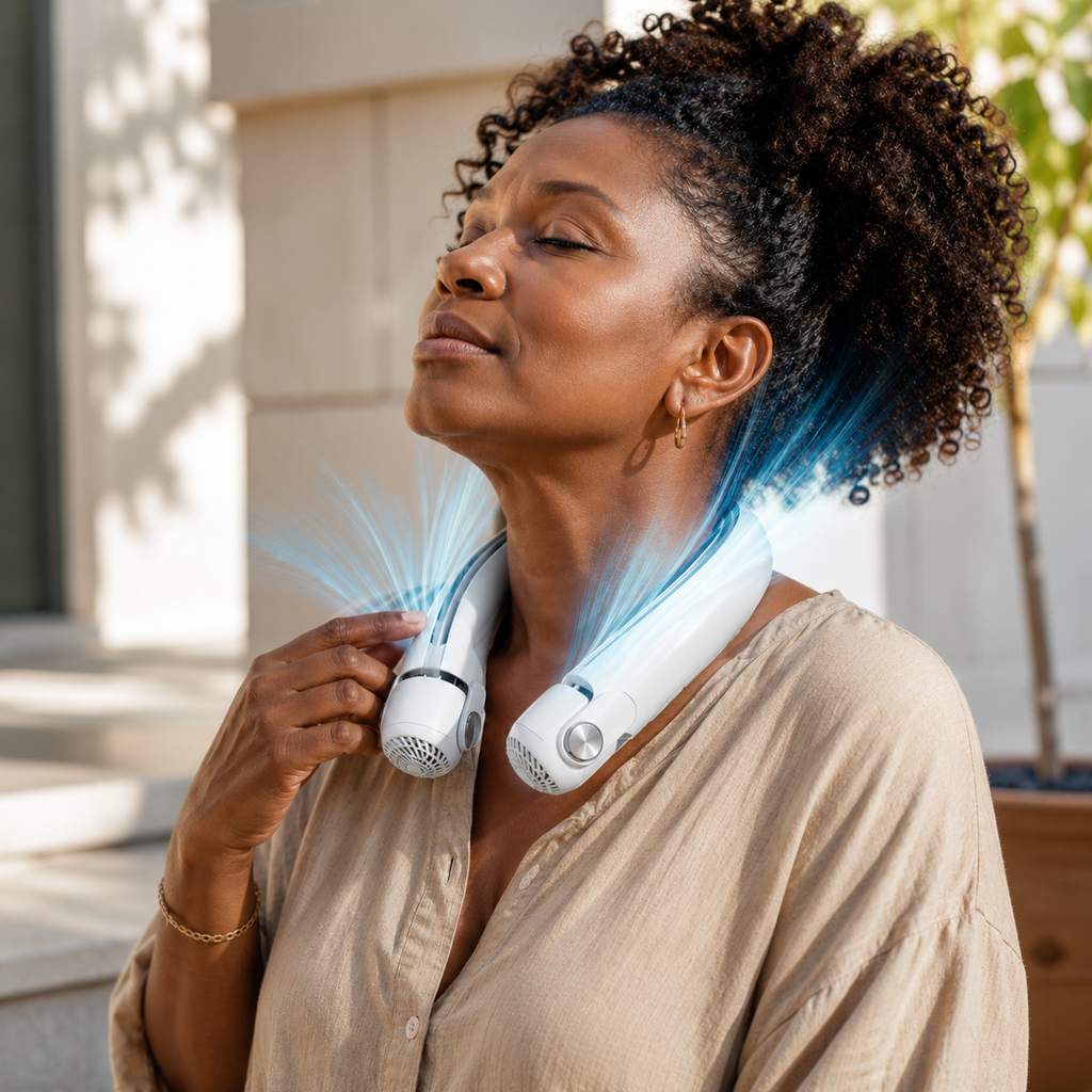 Ventilator de gât DualFlow USB-C cu flux dublu de aer, reîncărcabil, pentru călătorii și utilizare în aer liber