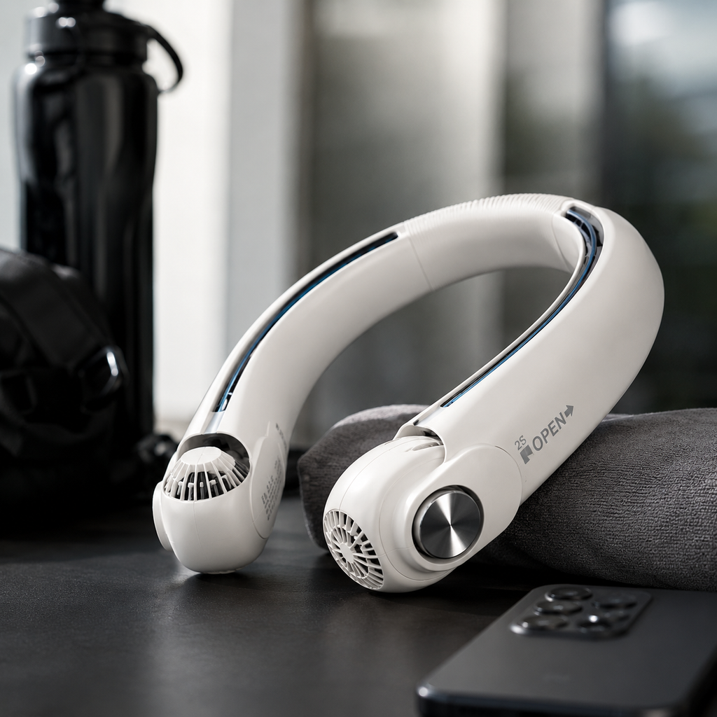 Ventilator de gât DualFlow USB-C cu flux dublu de aer, reîncărcabil, pentru călătorii și utilizare în aer liber