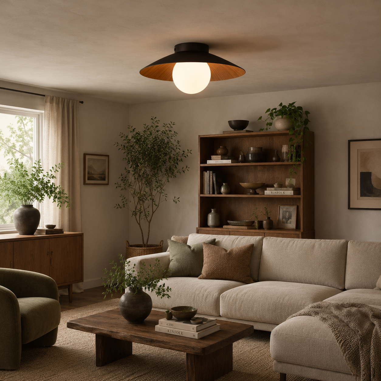 Woodland Mist LED Ceiling Light With Frosted Glass Globe And Wooden Shade
