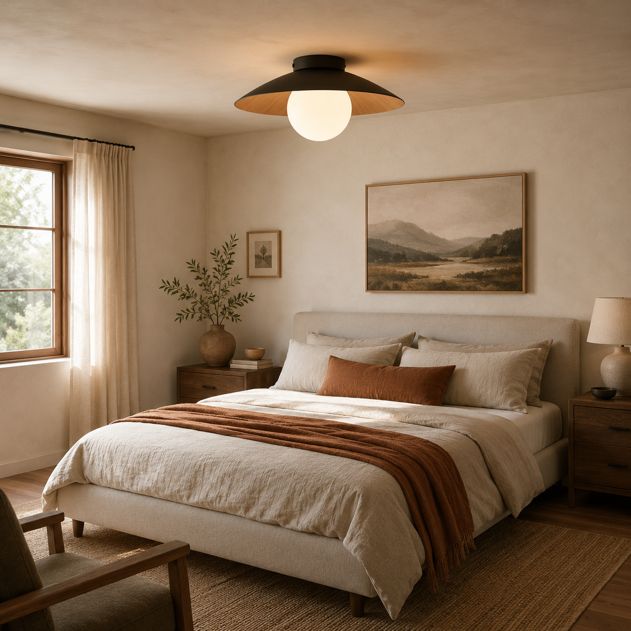 Woodland Mist LED Ceiling Light With Frosted Glass Globe And Wooden Shade