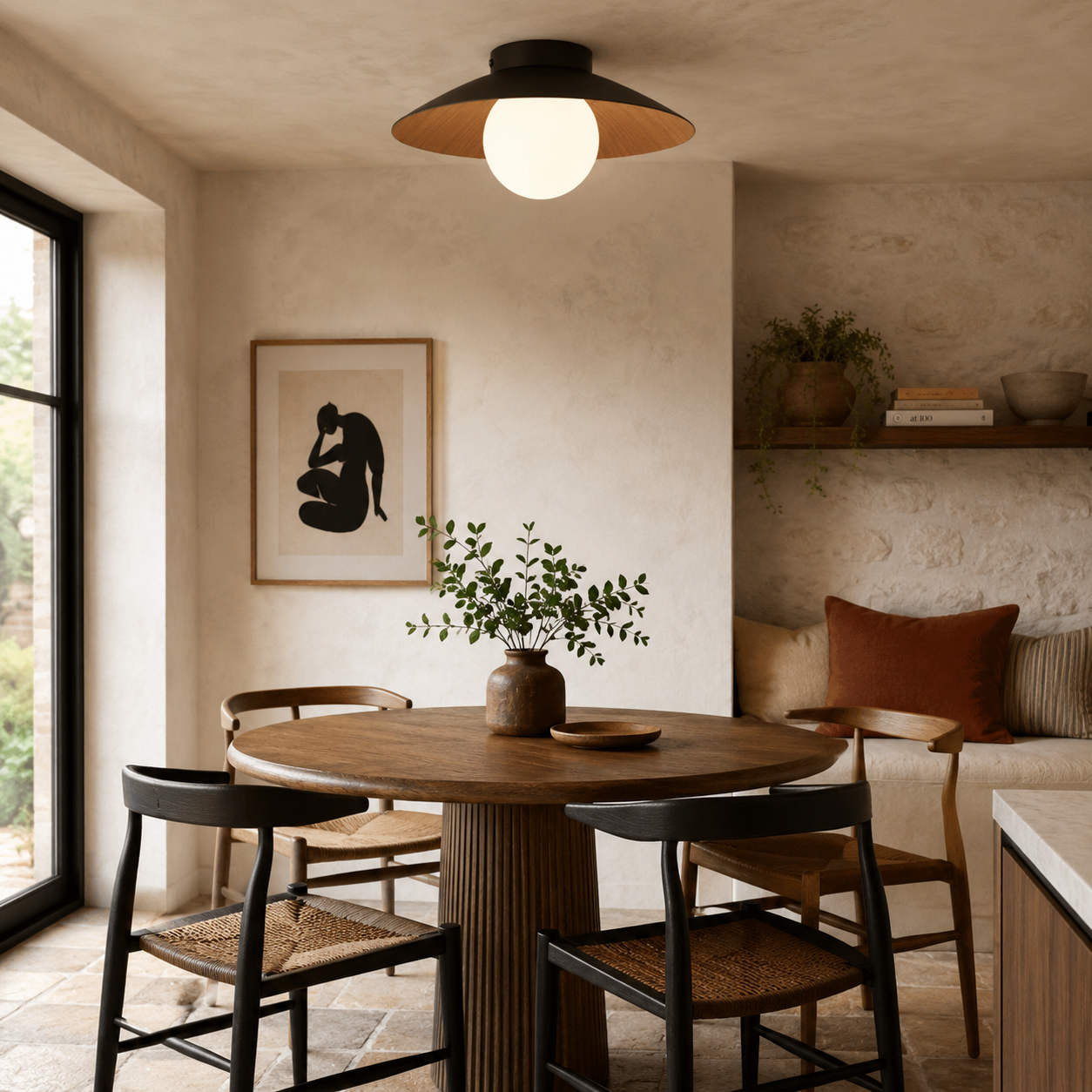 Woodland Mist LED Ceiling Light With Frosted Glass Globe And Wooden Shade