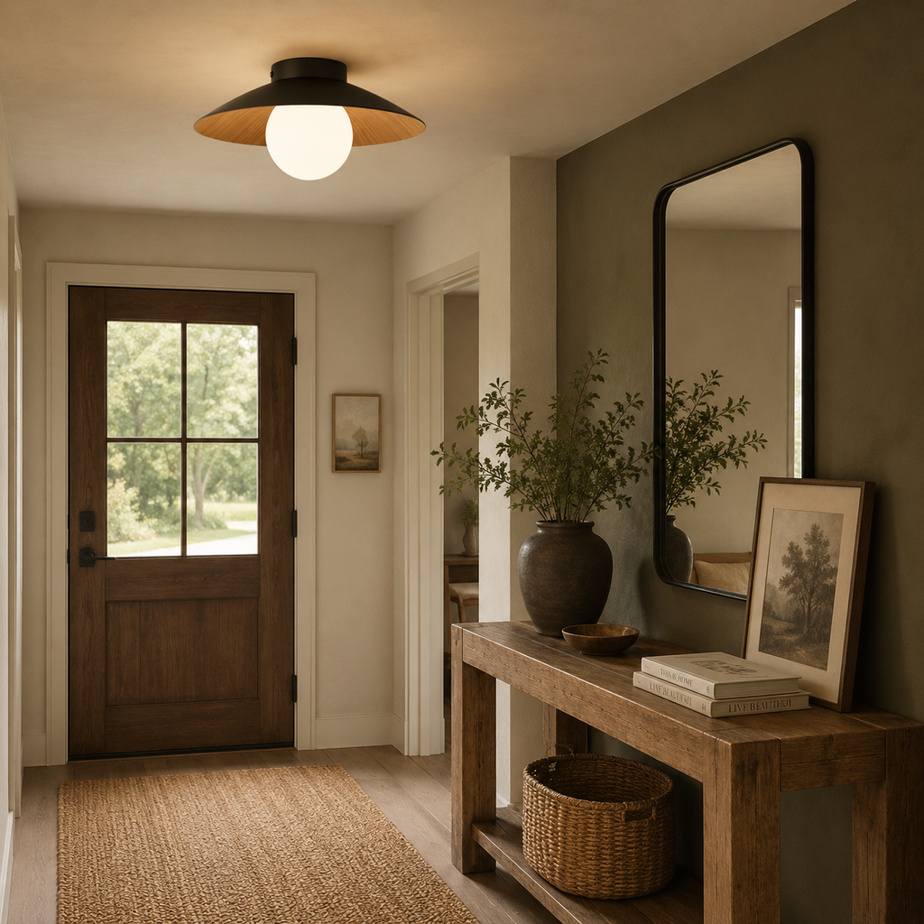 Woodland Mist LED Ceiling Light With Frosted Glass Globe And Wooden Shade