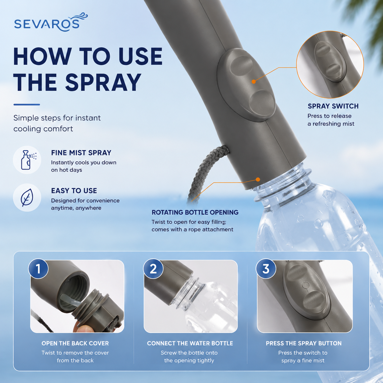 Guarda-sol sem fios com ventoinha e spray de névoa para proteção UV