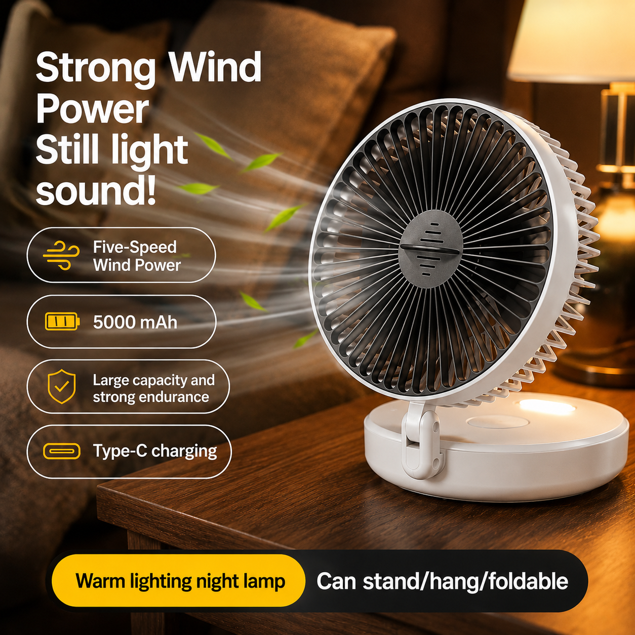 מאוורר שולחני FlexFan מתקפל עם תלייה על הקיר, נטען ושקט, מחולל סירקולציה אווירית