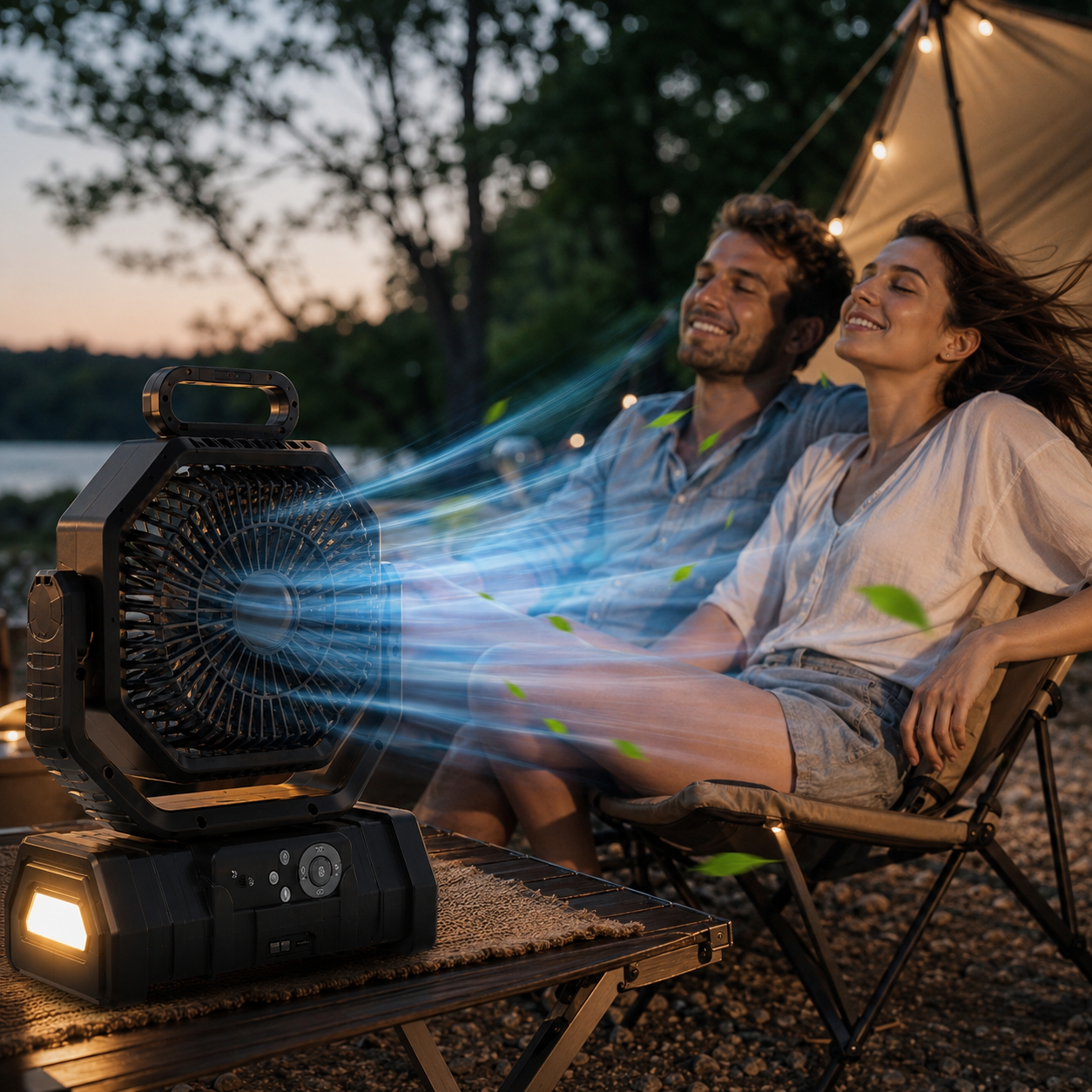 Wentylator zewnętrzny CampBreeze zasilany bateriami, wyposażony w lampę LED i światło namiotowe