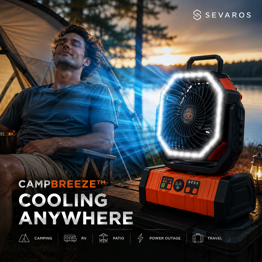 Wentylator zewnętrzny CampBreeze zasilany bateriami, wyposażony w lampę LED i światło namiotowe