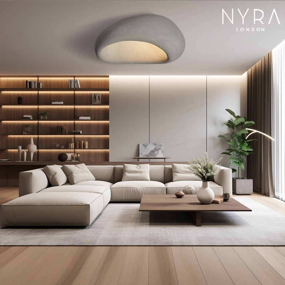 Wabi-Sabi loftlampe med stofskærm og nikkelfinish