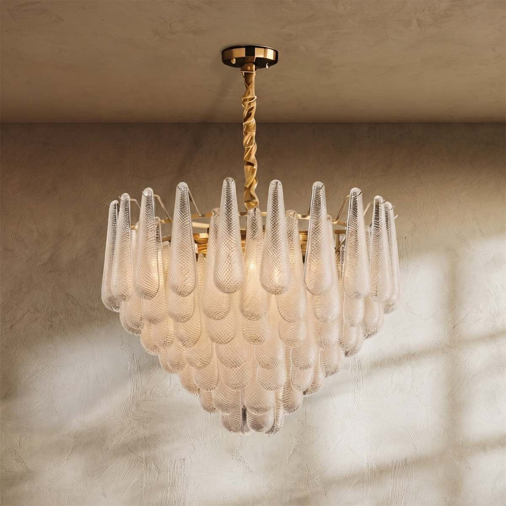 Mid-Century Glasblüten-Kronleuchter mit kreisförmigem Rahmen und goldenen Akzenten