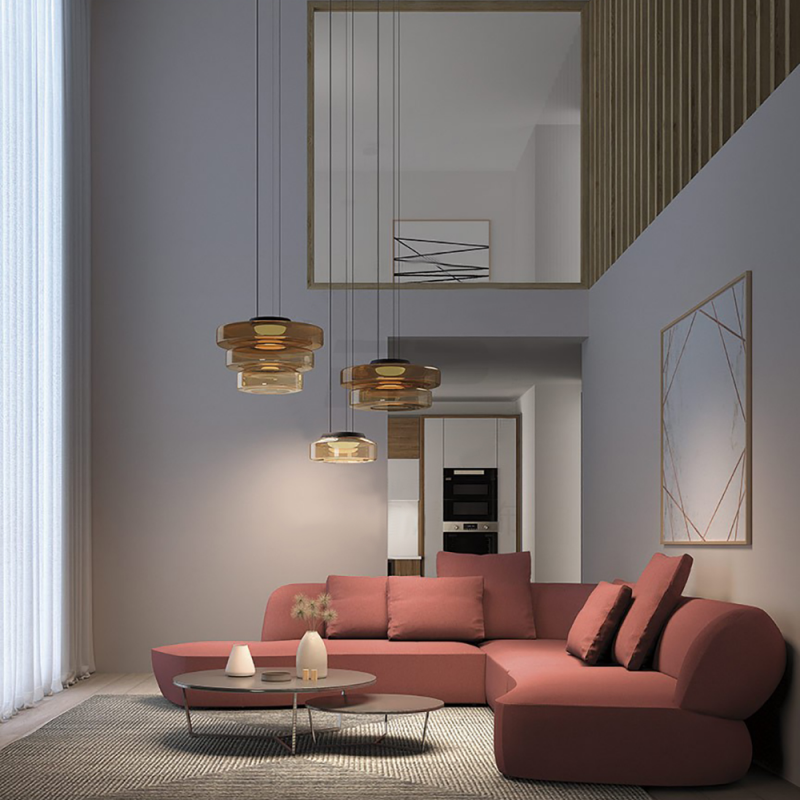 Lustră suspendată Asteron Bauhaus cu plafonieră din sticlă, 3 nuanțe de sticlă