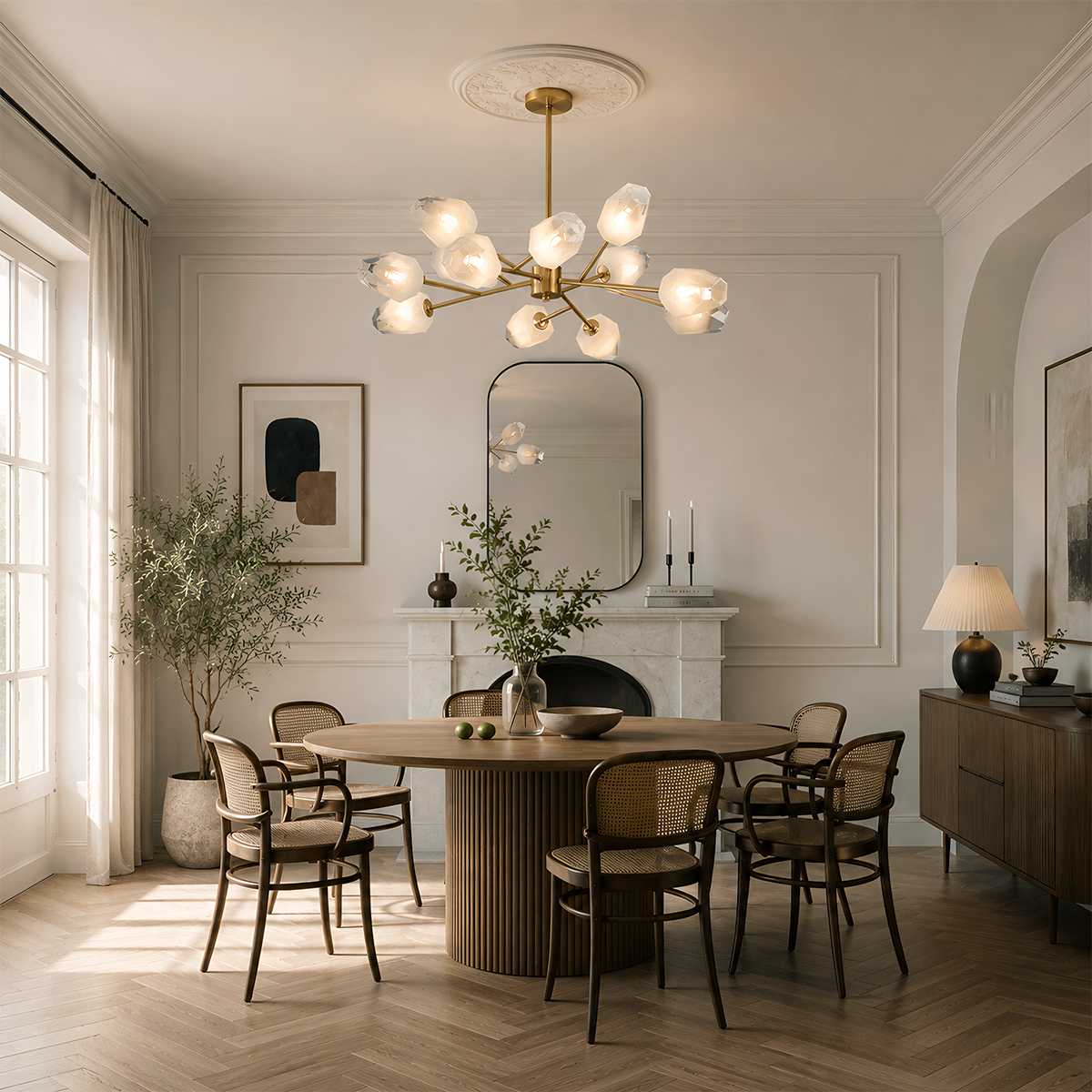 Luxora Kupfer-Kronleuchter mit satiniertem geometrischem Glas und gebürstetem Gold-Finish