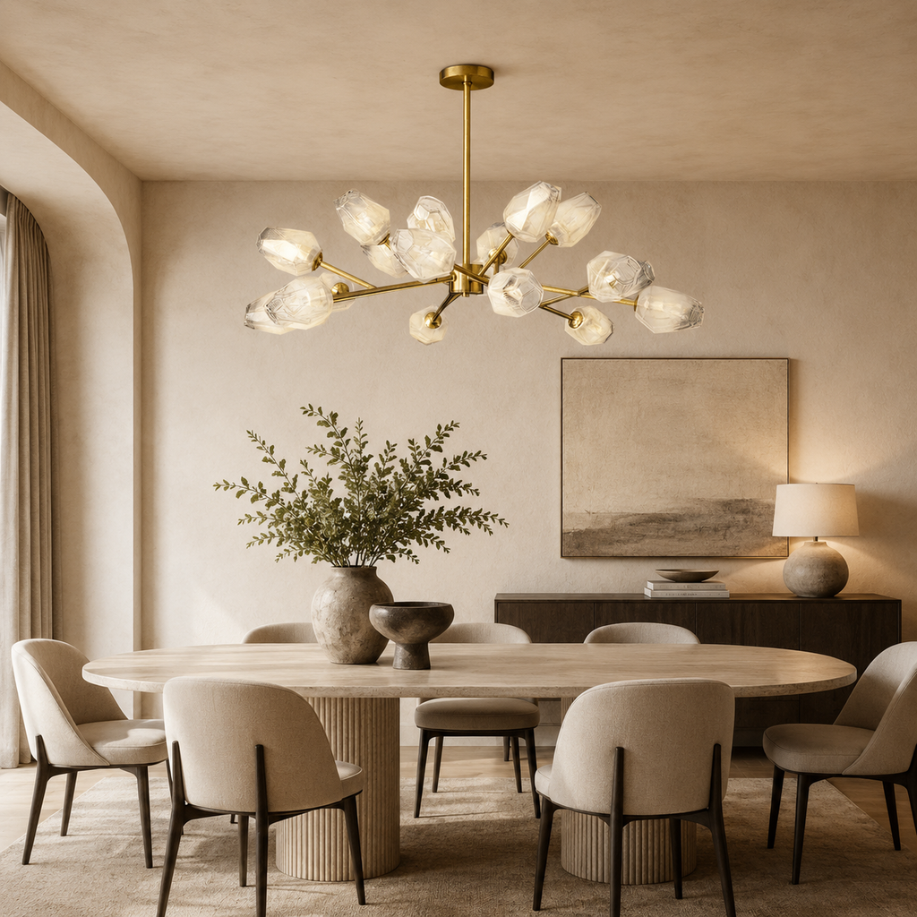 Luxora Kupfer-Kronleuchter mit satiniertem geometrischem Glas und gebürstetem Gold-Finish