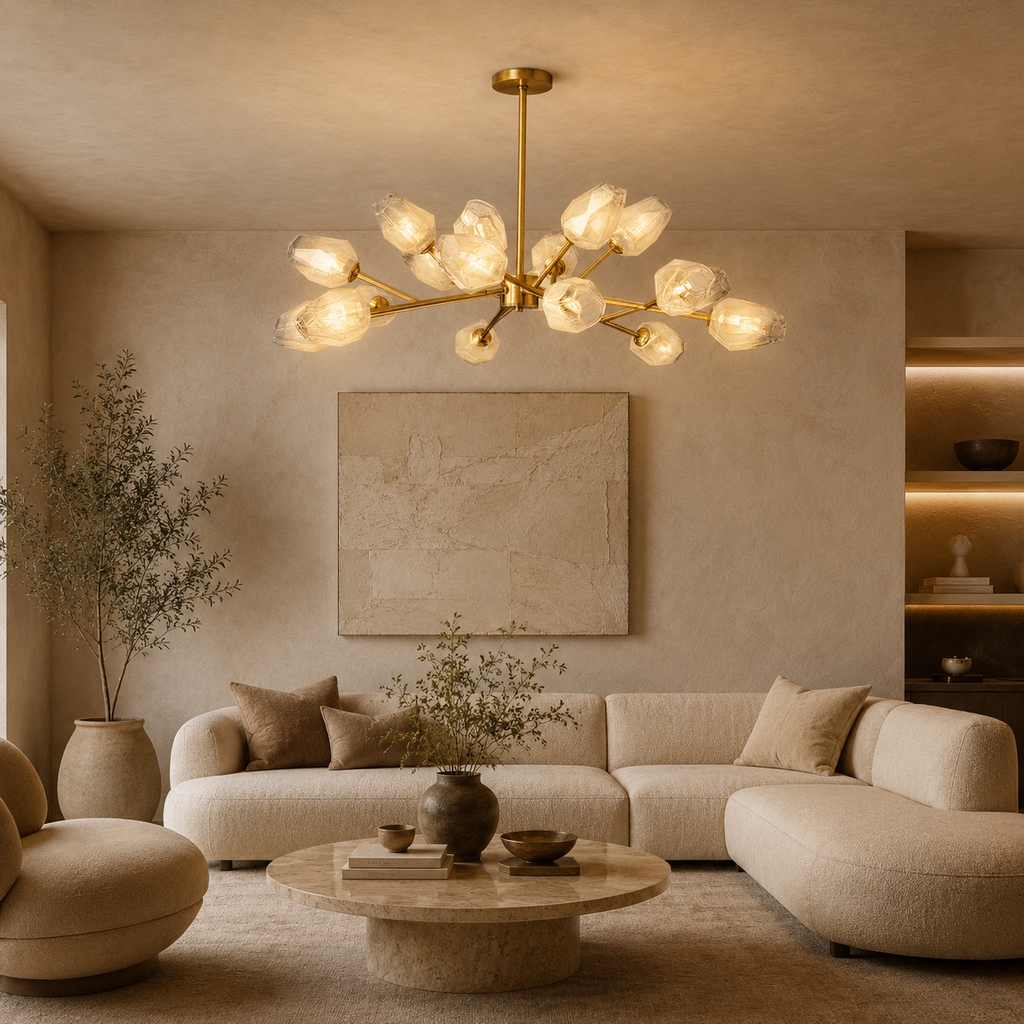 Luxora Kupfer-Kronleuchter mit satiniertem geometrischem Glas und gebürstetem Gold-Finish