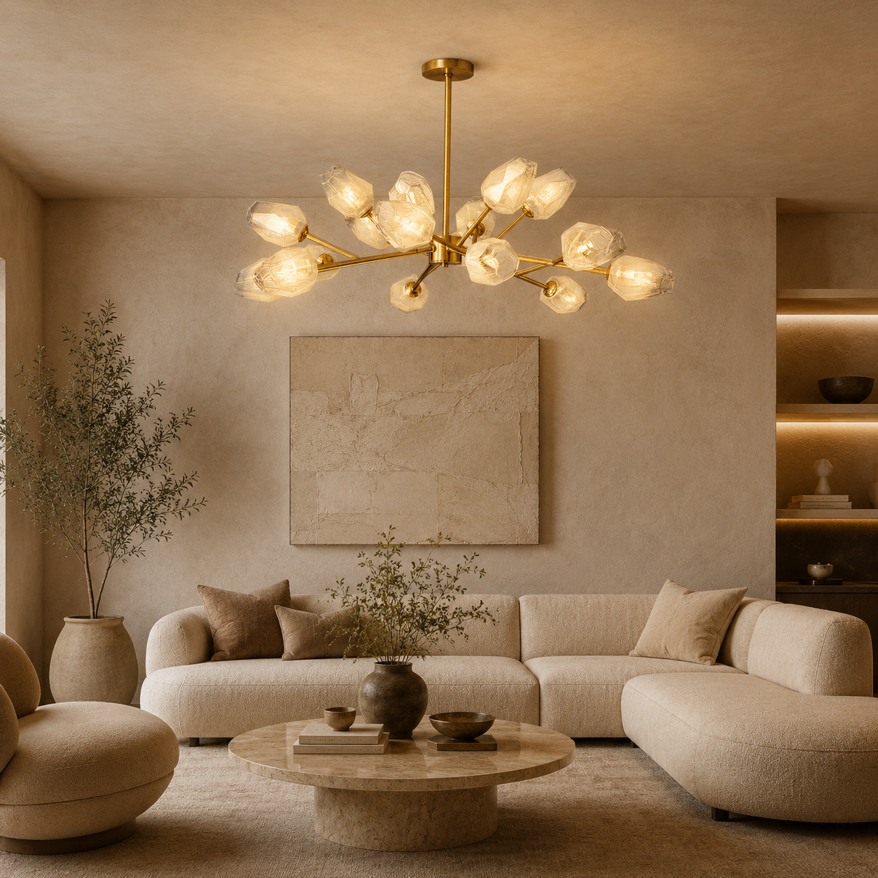 Luxora Kupfer-Kronleuchter mit satiniertem geometrischem Glas und gebürstetem Gold-Finish