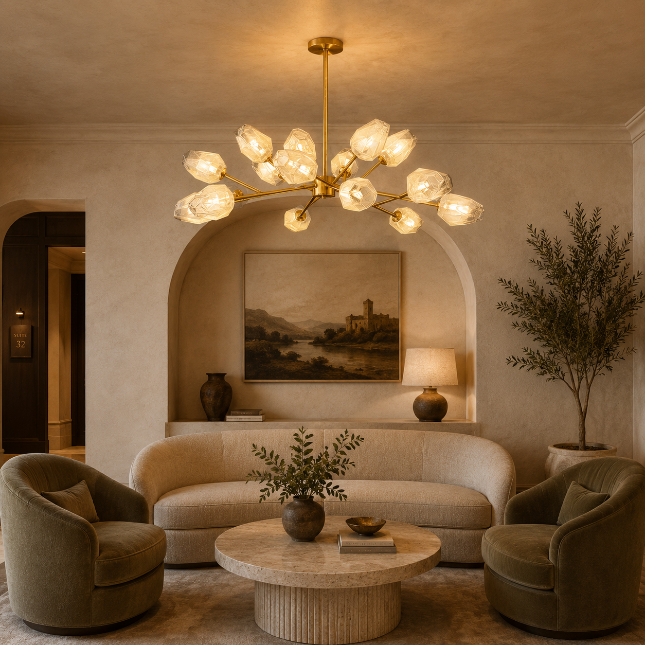 Luxora Kupfer-Kronleuchter mit satiniertem geometrischem Glas und gebürstetem Gold-Finish