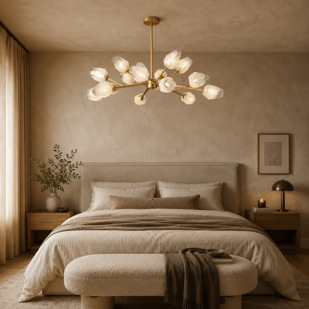 Luxora Kupfer-Kronleuchter mit satiniertem geometrischem Glas und gebürstetem Gold-Finish