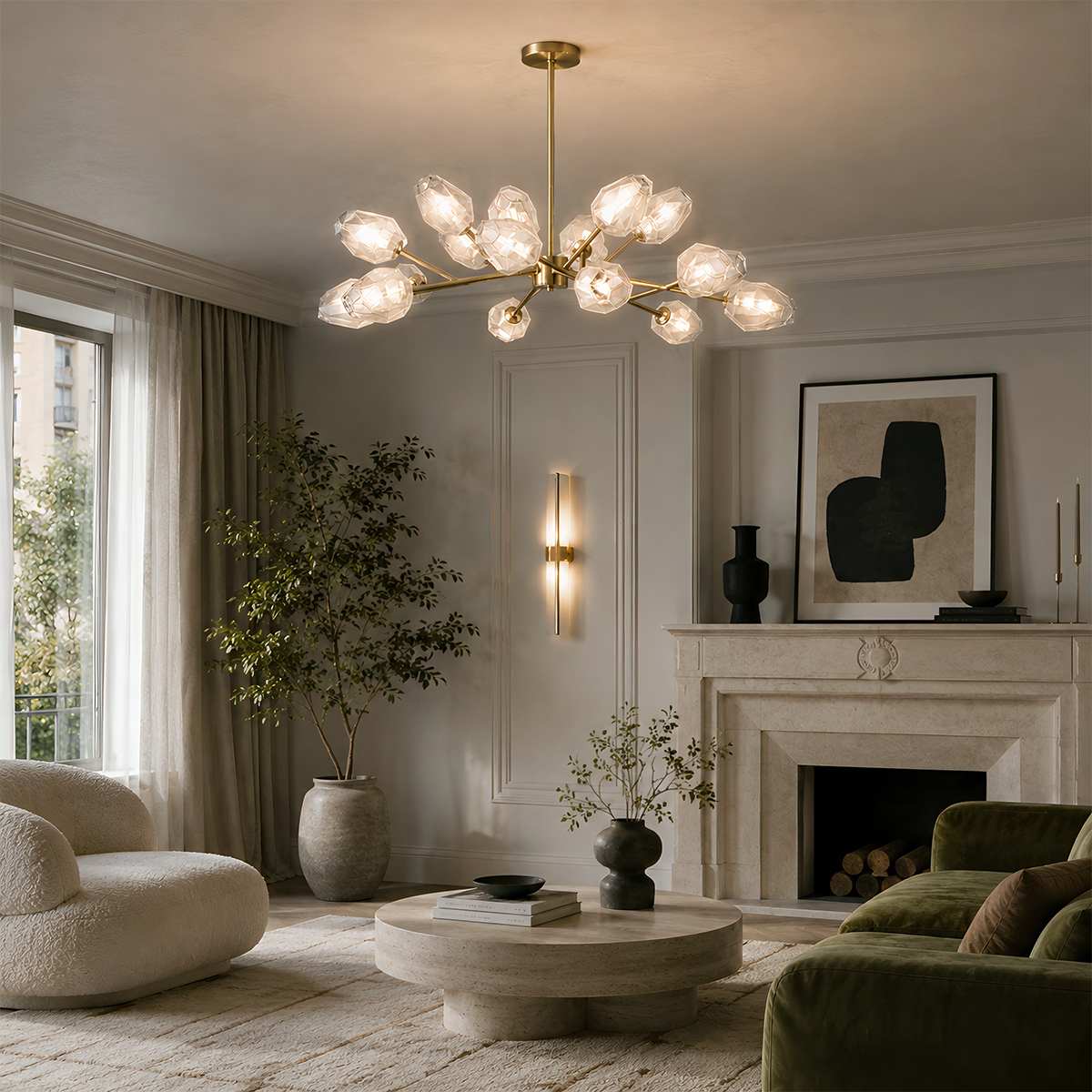 Luxora Kupfer-Kronleuchter mit satiniertem geometrischem Glas und gebürstetem Gold-Finish