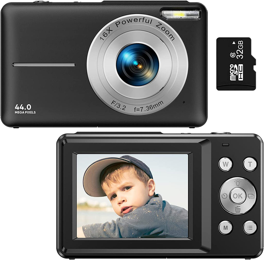 Wiederaufladbare Vlogging-Kamera mit 16-fachem Zoom, 44-MP-Fotos und 1080p-Video