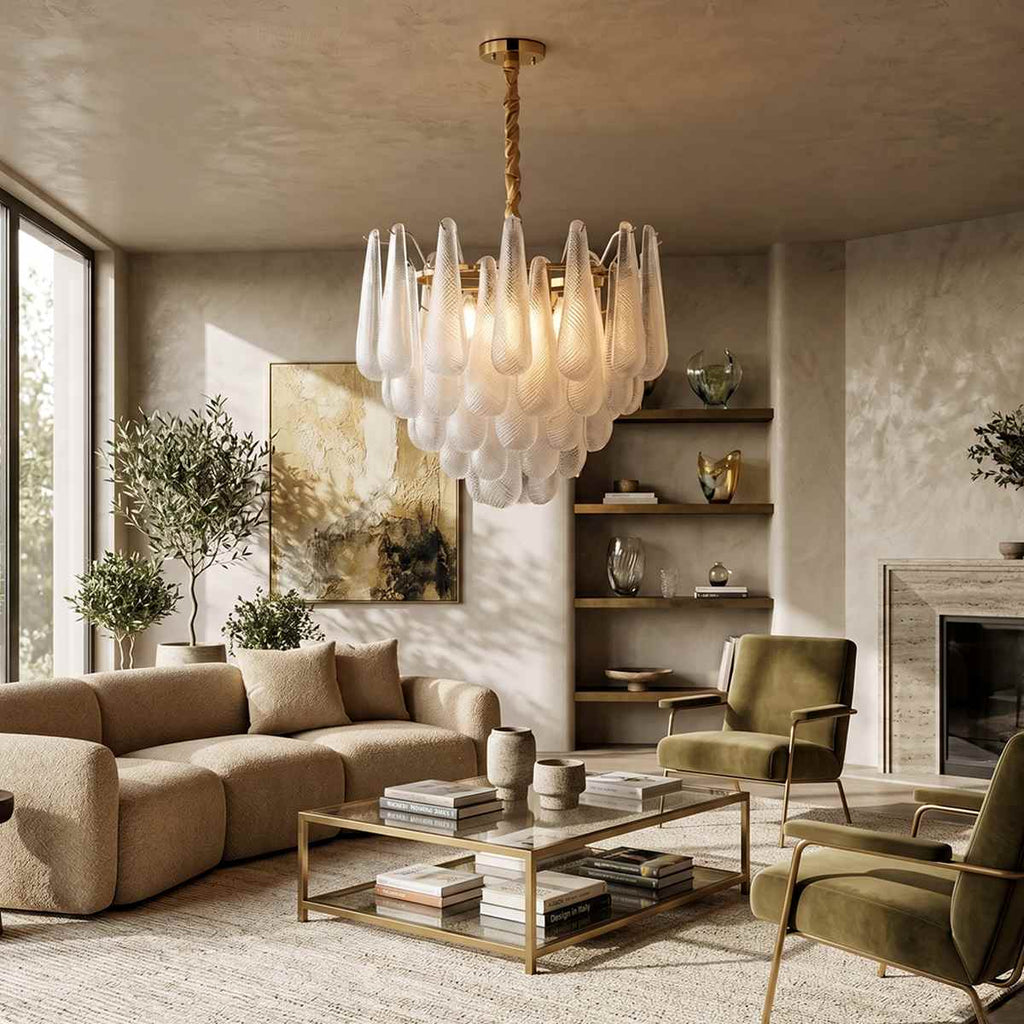 Mid-Century Glasblüten-Kronleuchter mit kreisförmigem Rahmen und goldenen Akzenten