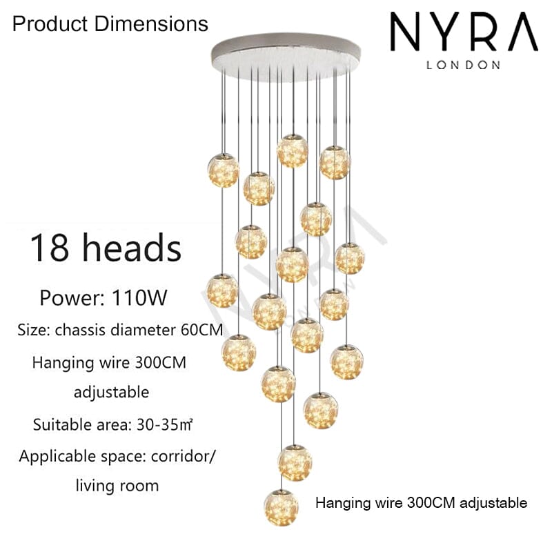 LuminaOrb Staircase Chandelier With Glass Orb Cluster, Warm LED Glow