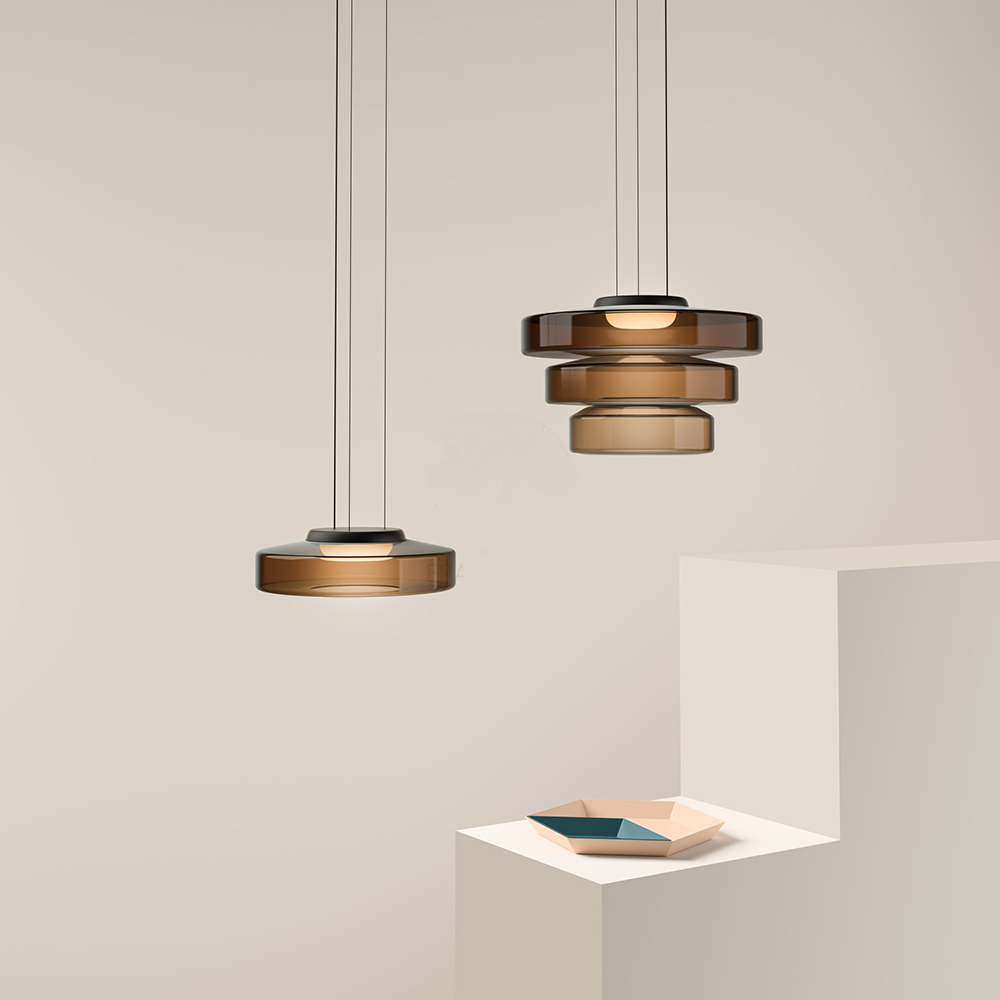 Lustră suspendată Asteron Bauhaus cu plafonieră din sticlă, 3 nuanțe de sticlă