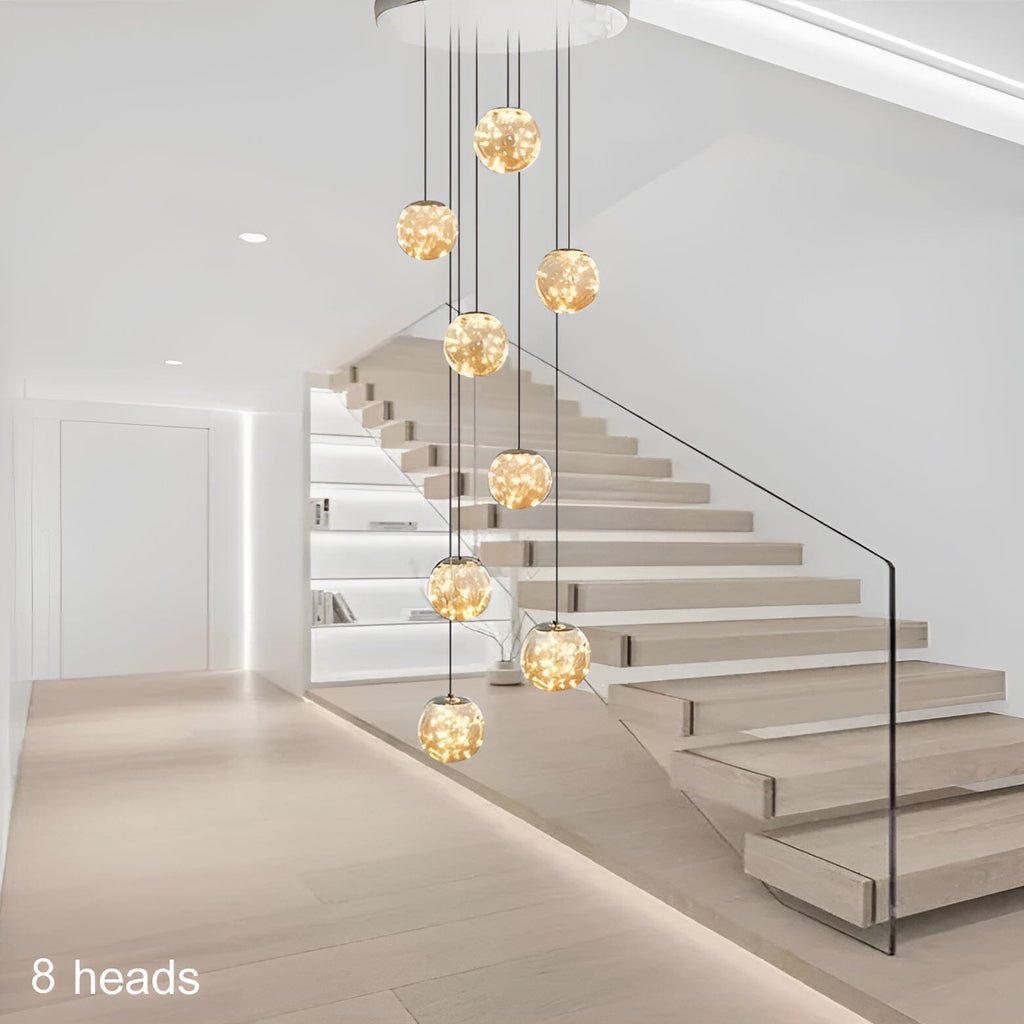 LuminaOrb Staircase Chandelier With Glass Orb Cluster, Warm LED Glow
